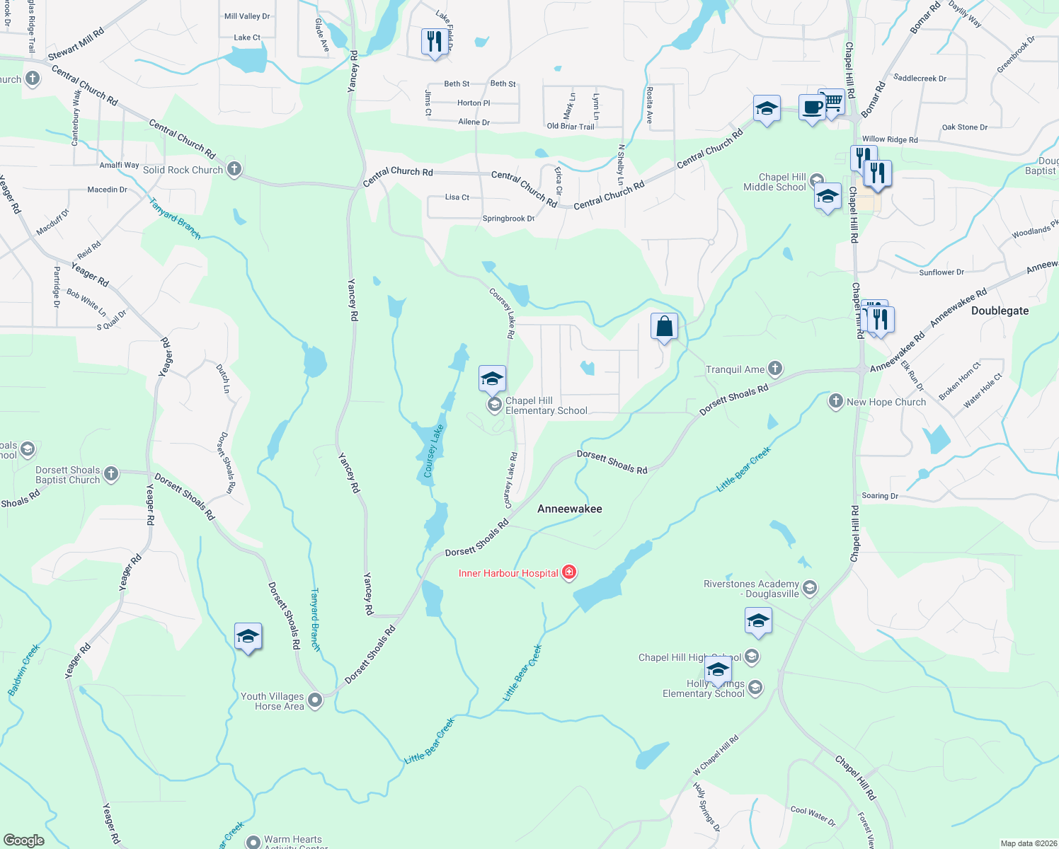map of restaurants, bars, coffee shops, grocery stores, and more near 4469 Bellemeade Dr in Douglasville