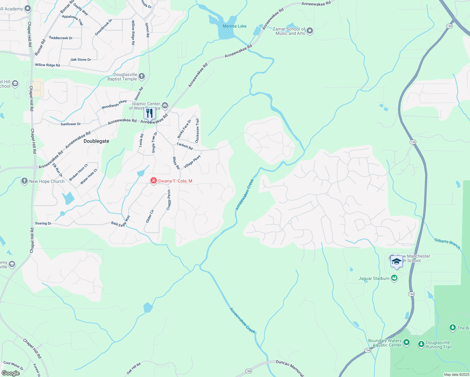map of restaurants, bars, coffee shops, grocery stores, and more near 4395 Pipemaker Bluff in Douglasville