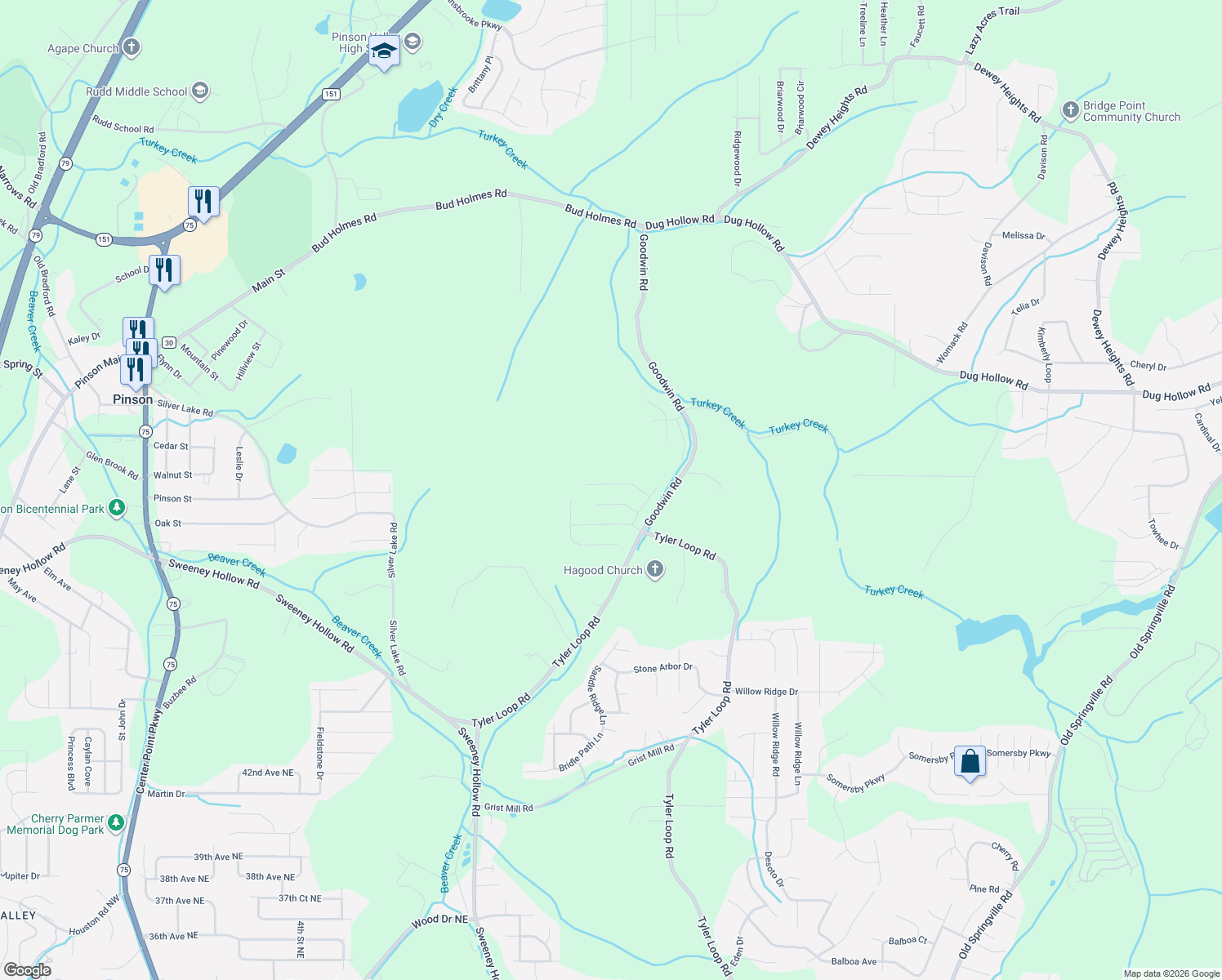 map of restaurants, bars, coffee shops, grocery stores, and more near 4466 Fairmont Drive in Pinson