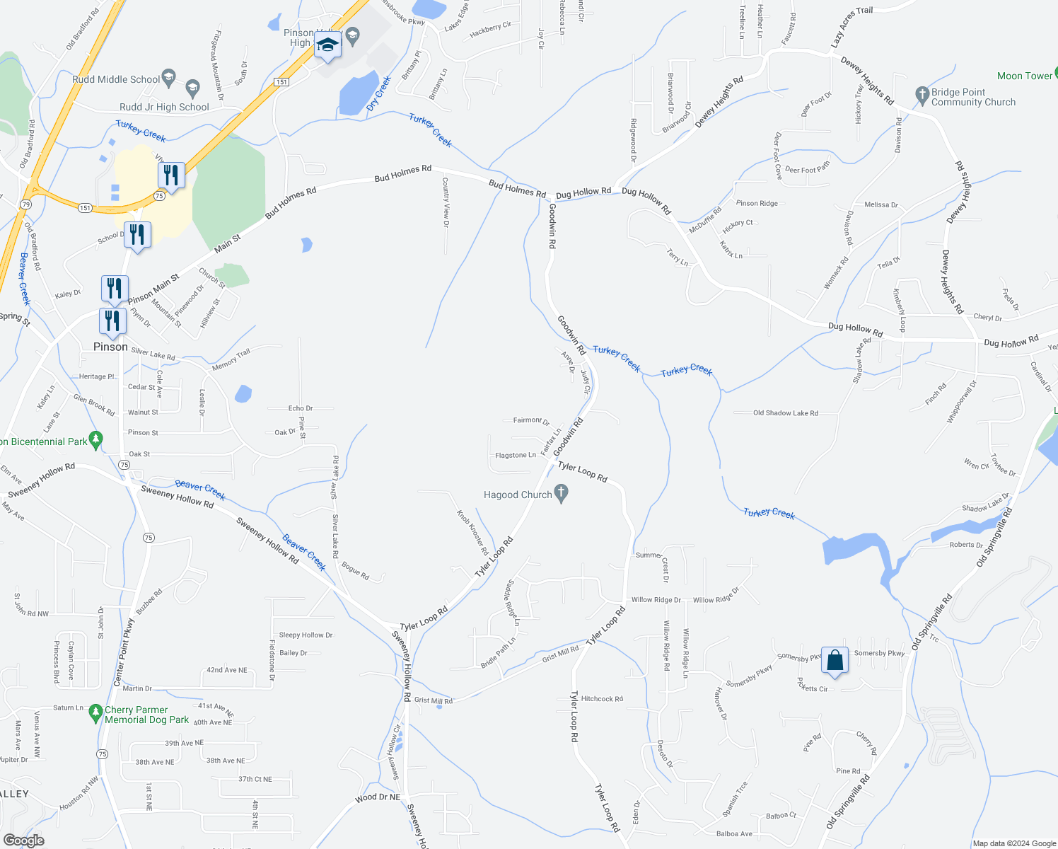 map of restaurants, bars, coffee shops, grocery stores, and more near 4469 Fairmont Drive in Pinson