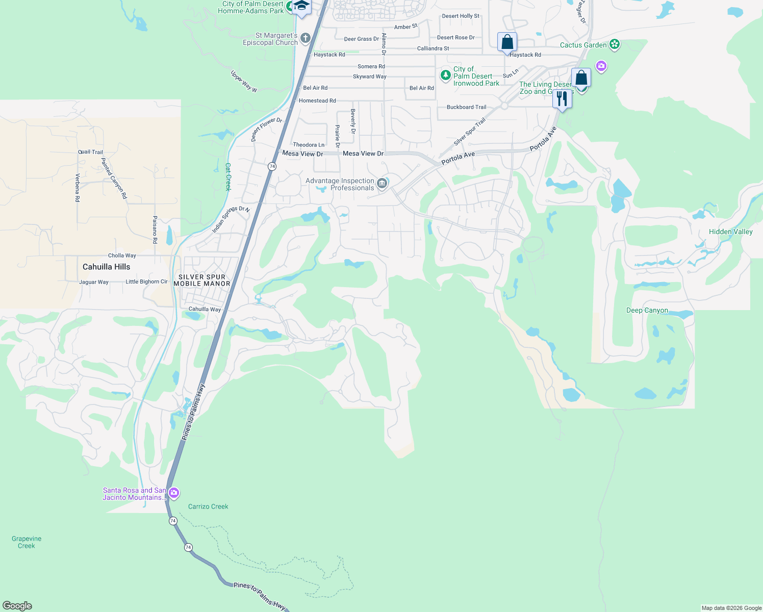 map of restaurants, bars, coffee shops, grocery stores, and more near Palm Desert Drive North in Palm Desert