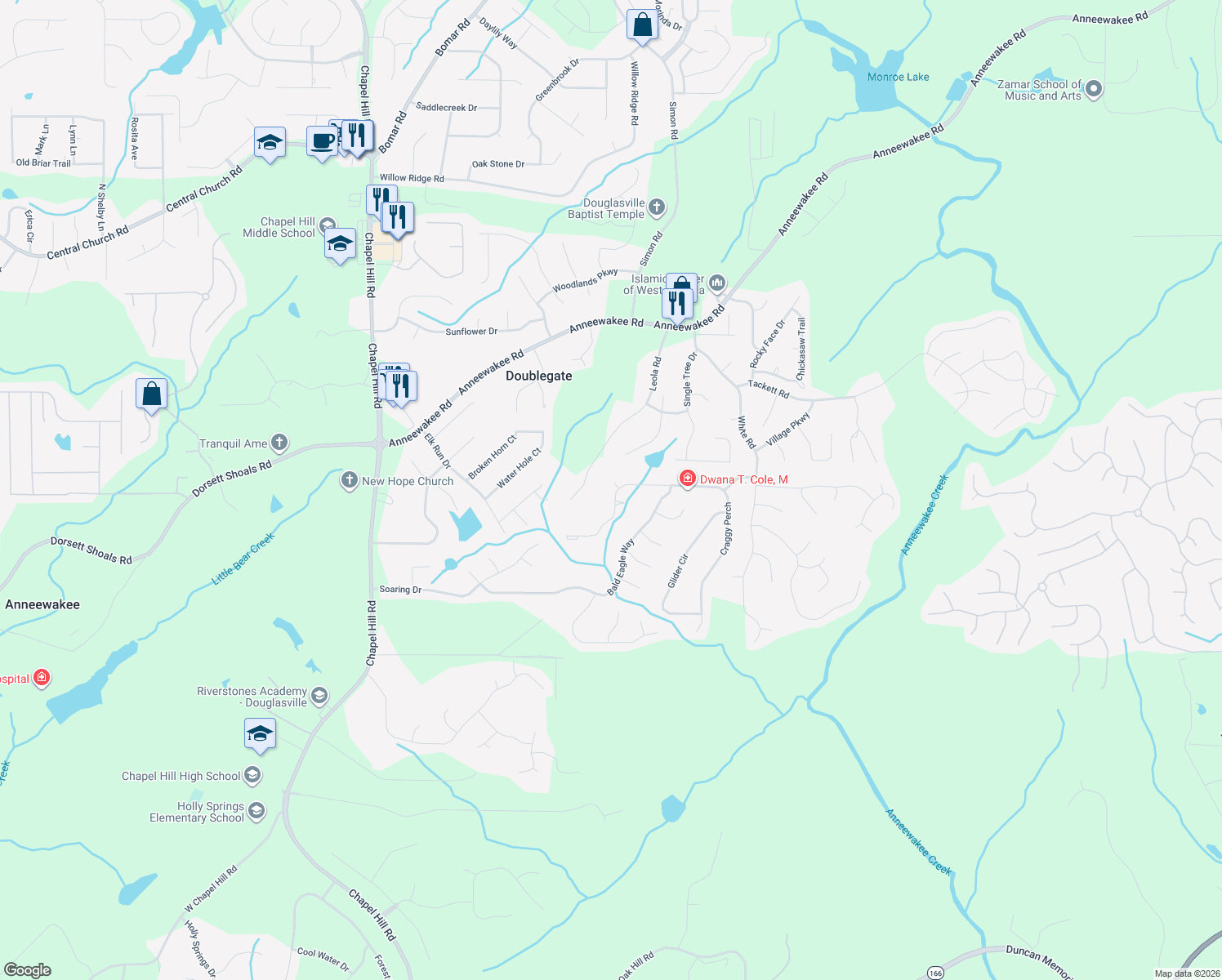 map of restaurants, bars, coffee shops, grocery stores, and more near 3938 Craggy Perch in Douglasville
