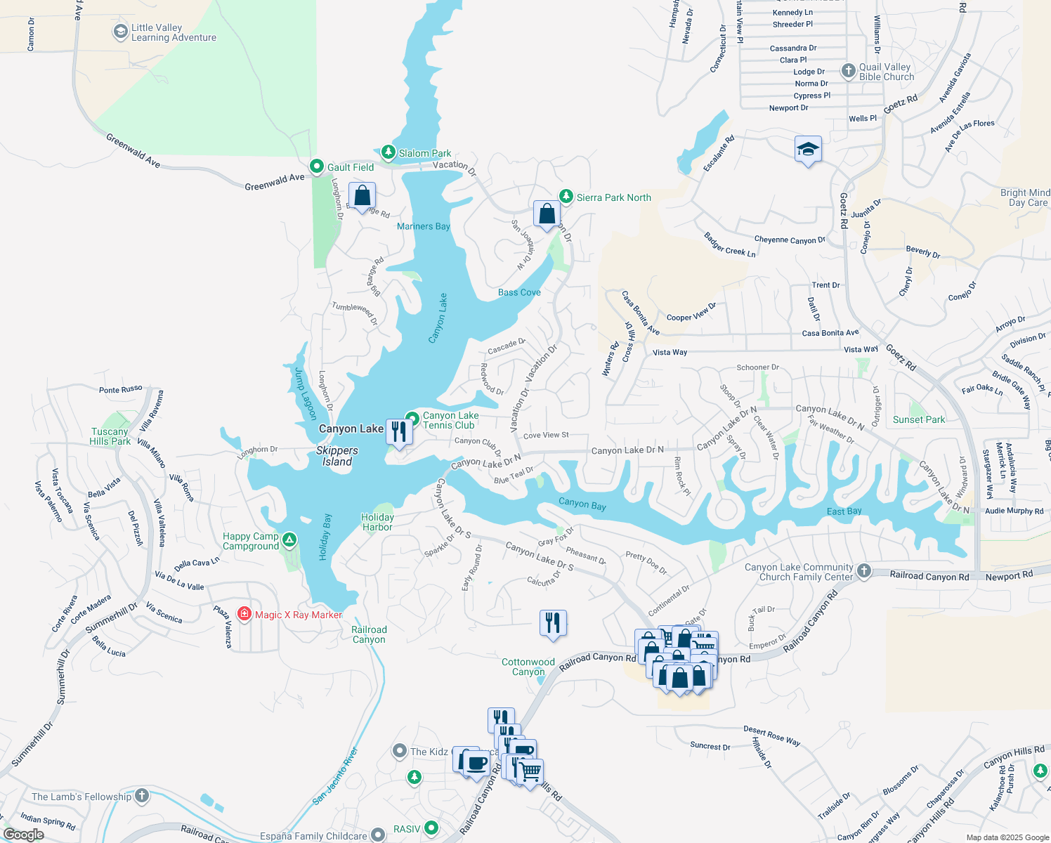 map of restaurants, bars, coffee shops, grocery stores, and more near 29971 Santana Court in Canyon Lake