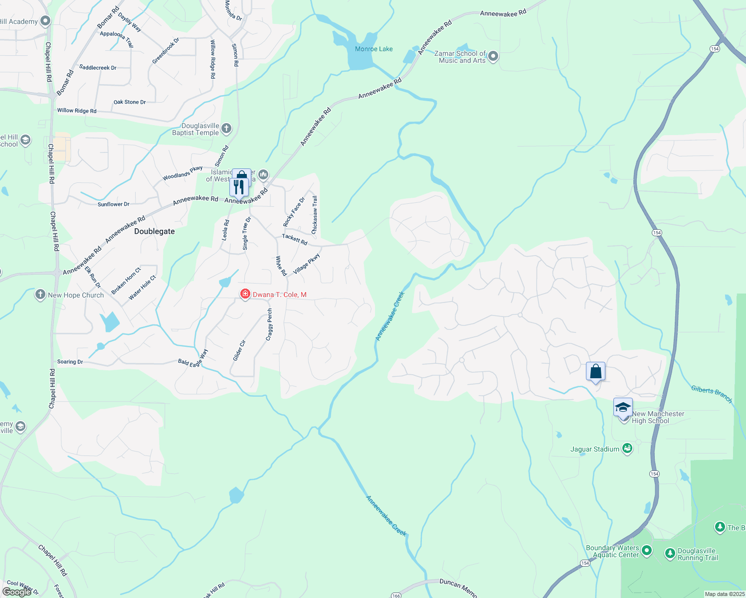 map of restaurants, bars, coffee shops, grocery stores, and more near 4395 Pipemaker Bluff in Douglasville