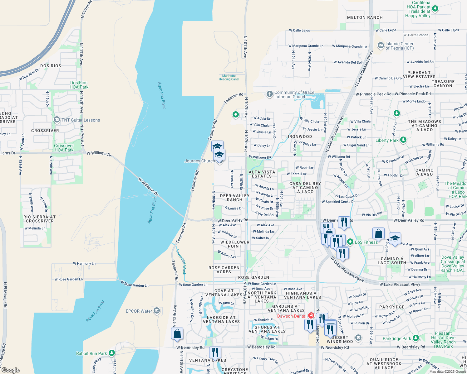 map of restaurants, bars, coffee shops, grocery stores, and more near 10782 West Angels Lane in Sun City
