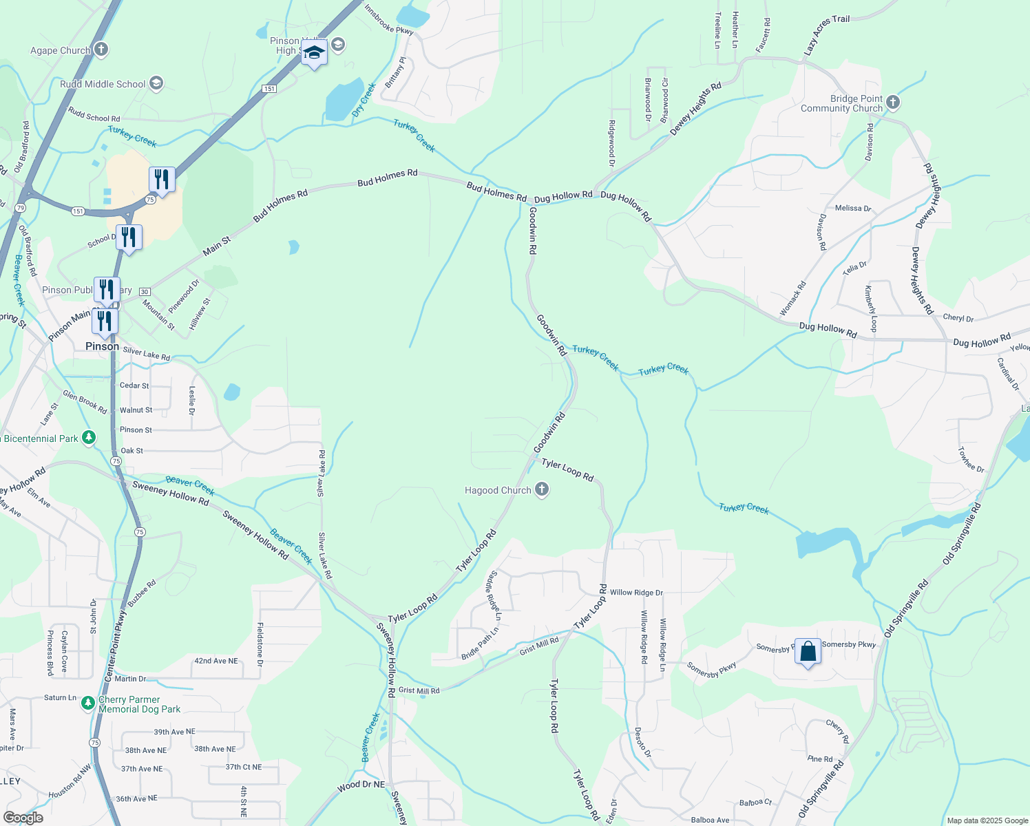map of restaurants, bars, coffee shops, grocery stores, and more near 4474 Fairmont Drive in Pinson