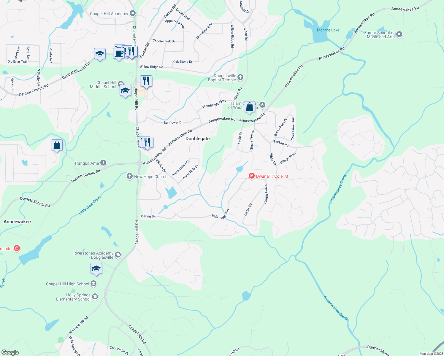 map of restaurants, bars, coffee shops, grocery stores, and more near 3785 Tor Way in Douglasville