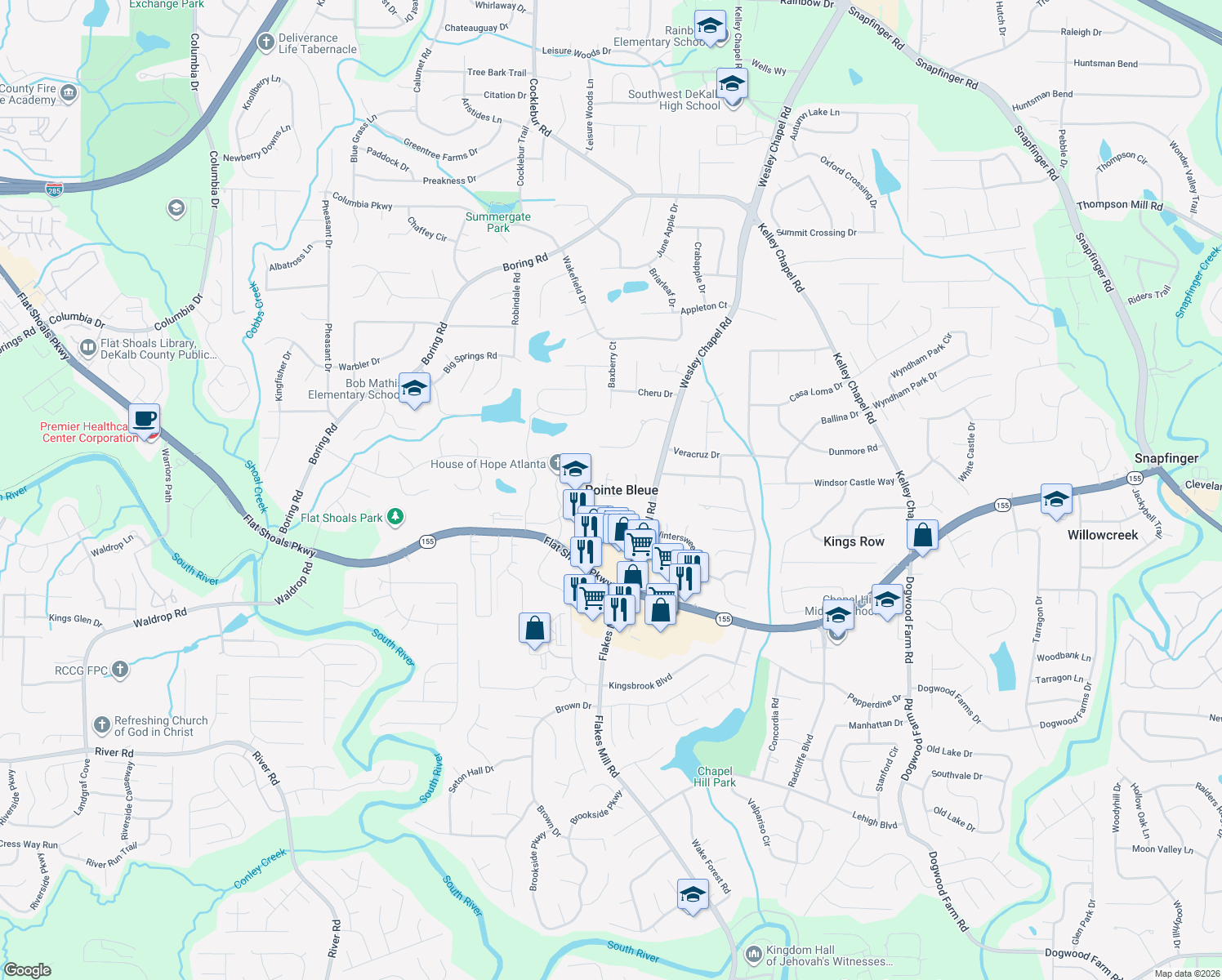 map of restaurants, bars, coffee shops, grocery stores, and more near 3856 Pointe Bleue Dr in Decatur