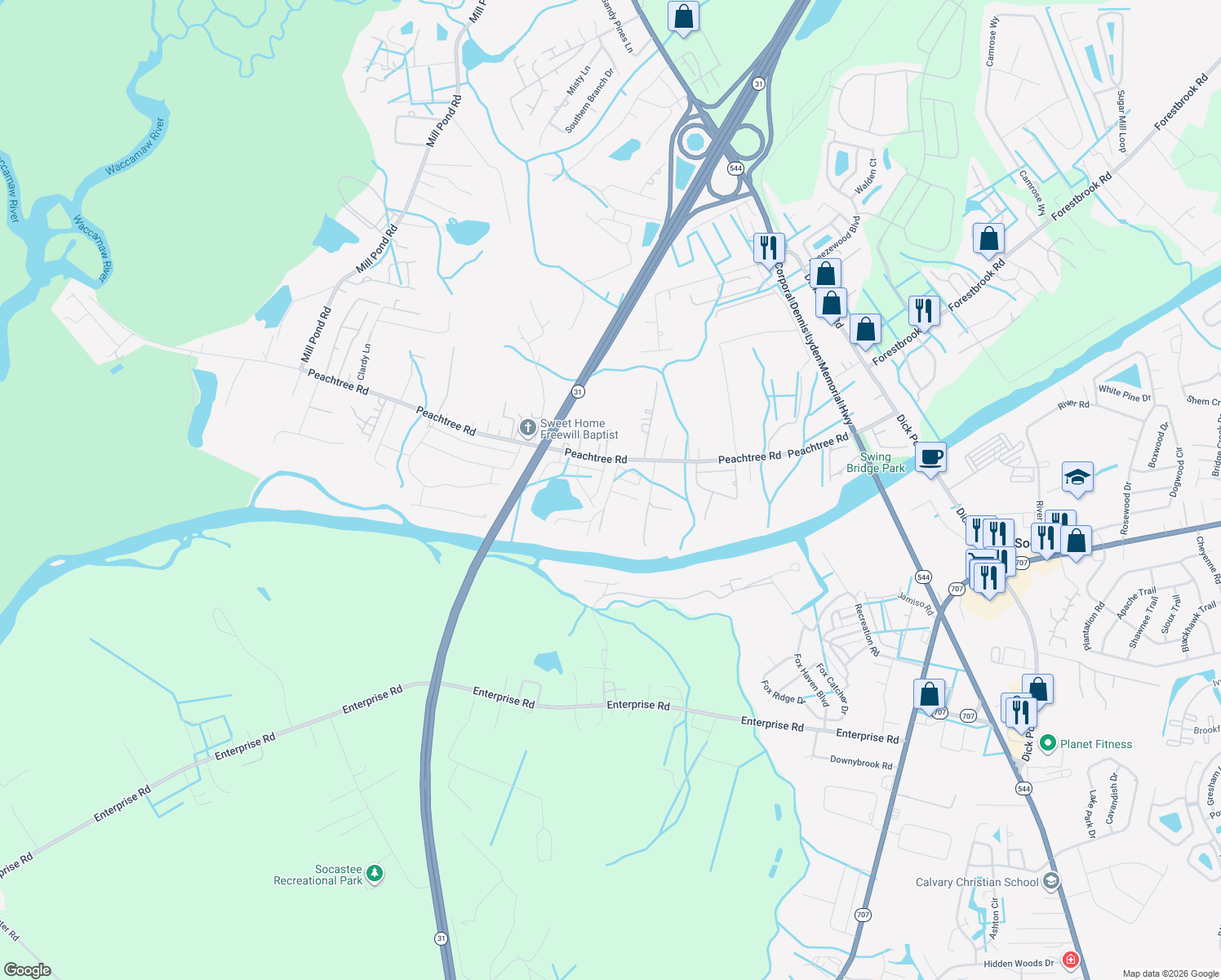 map of restaurants, bars, coffee shops, grocery stores, and more near 6075 Renata Lane in Myrtle Beach