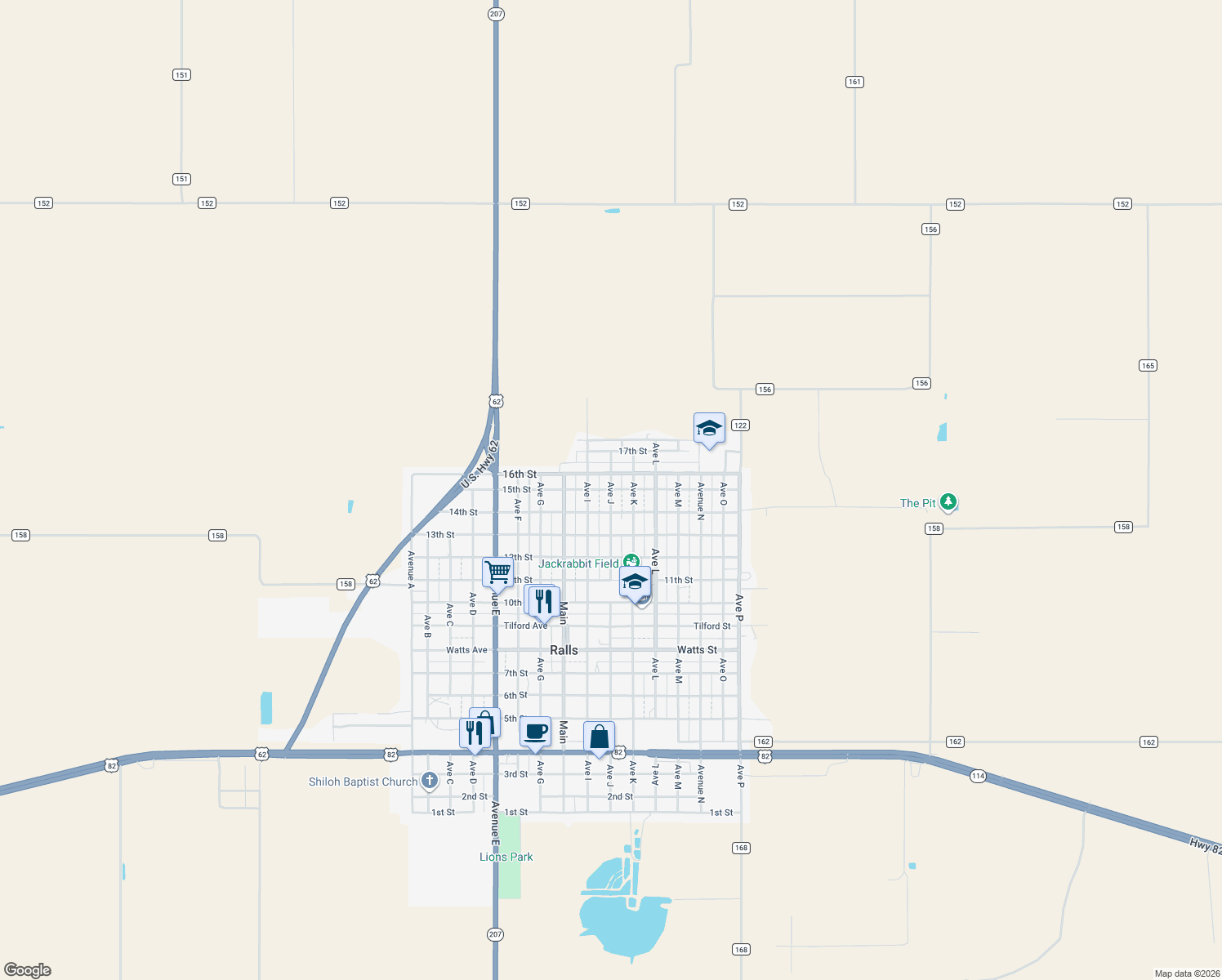 map of restaurants, bars, coffee shops, grocery stores, and more near 15th St in Ralls