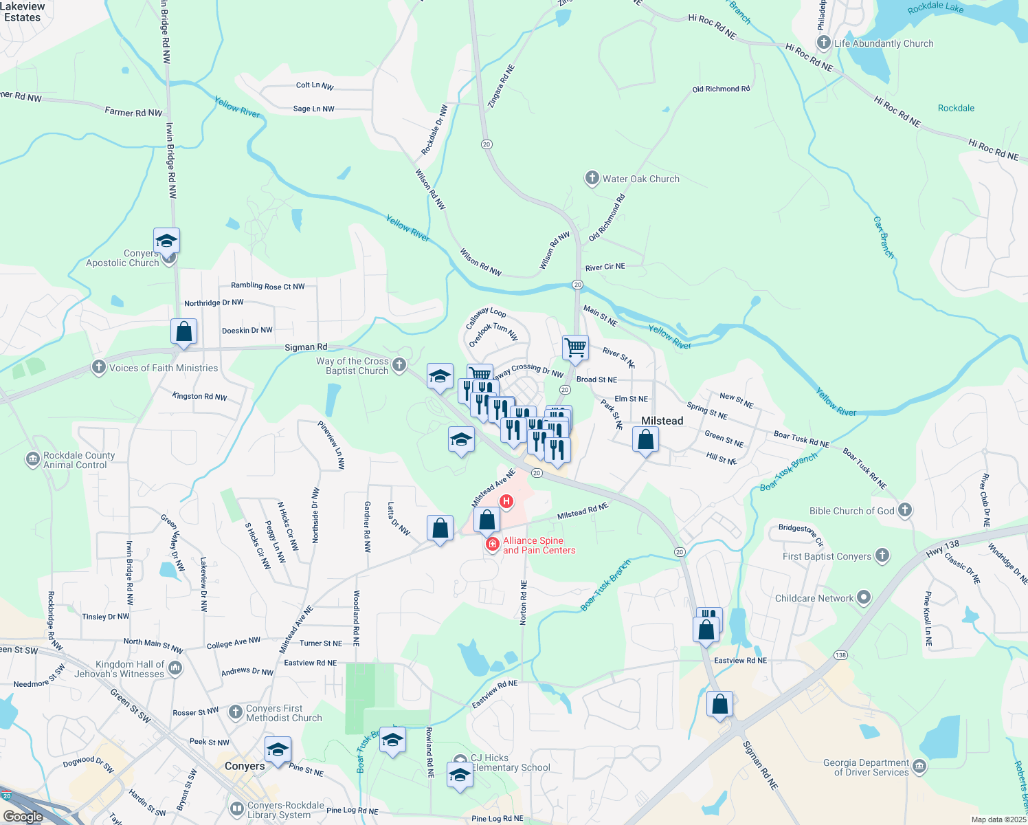 map of restaurants, bars, coffee shops, grocery stores, and more near 144 Odyssey Turn Northwest in Conyers