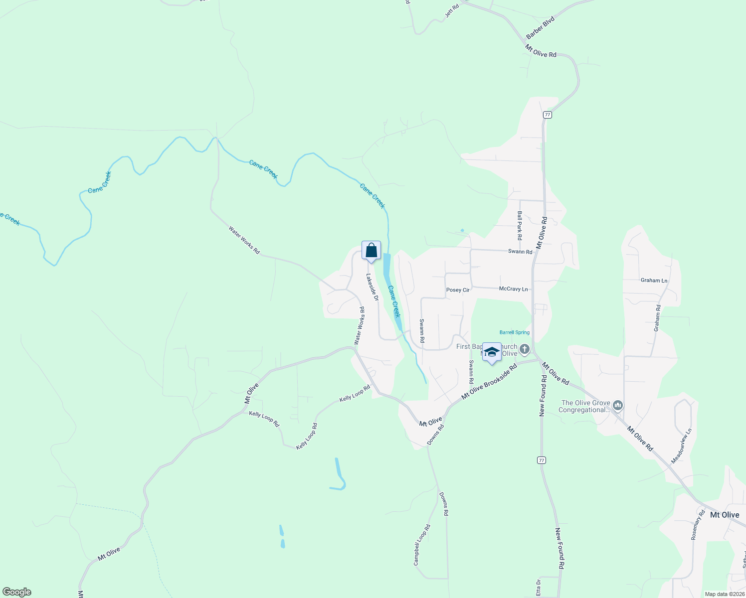 map of restaurants, bars, coffee shops, grocery stores, and more near 6058 Lakeside Drive in Mount Olive
