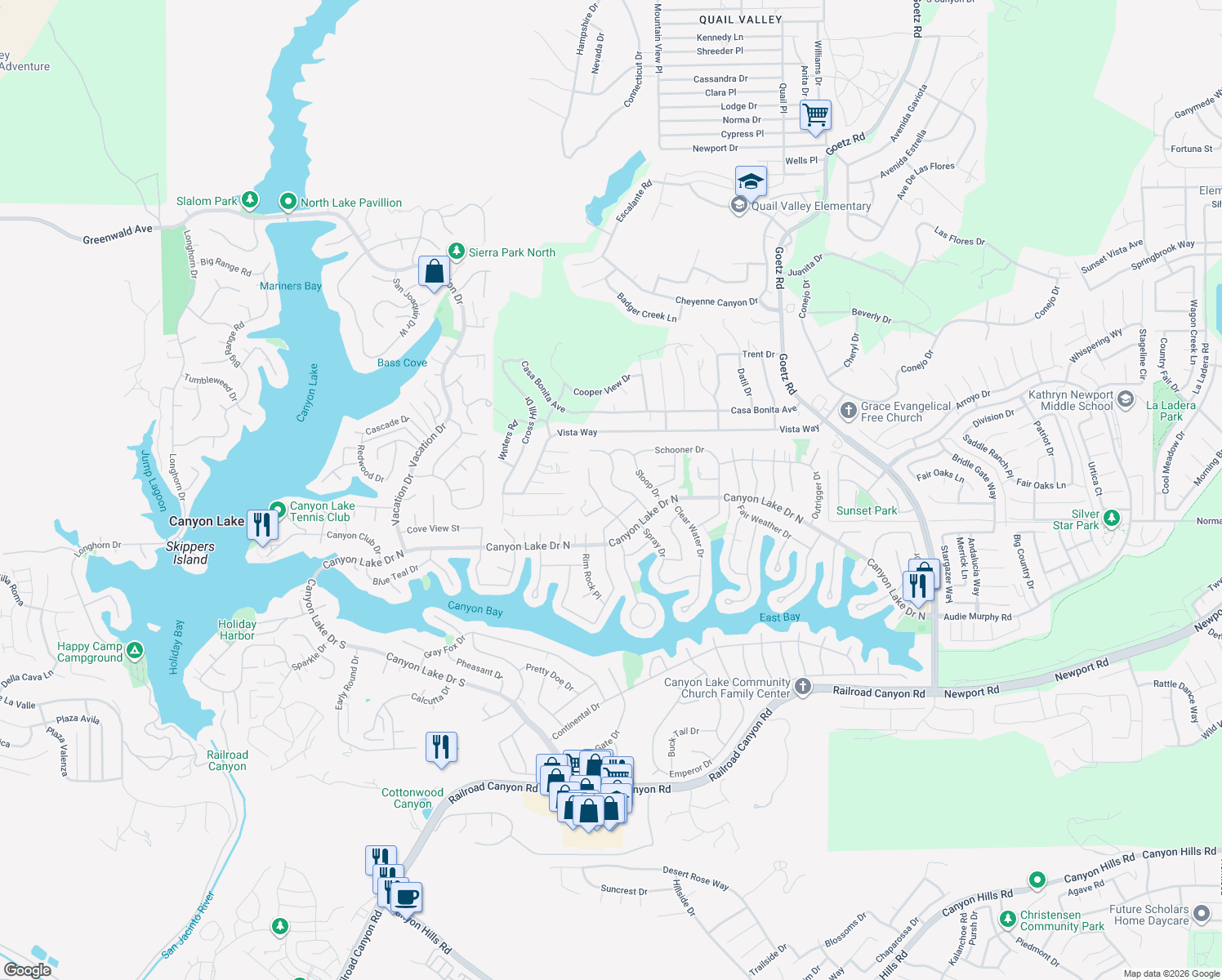 map of restaurants, bars, coffee shops, grocery stores, and more near 29875 Smugglers Point Drive in Canyon Lake