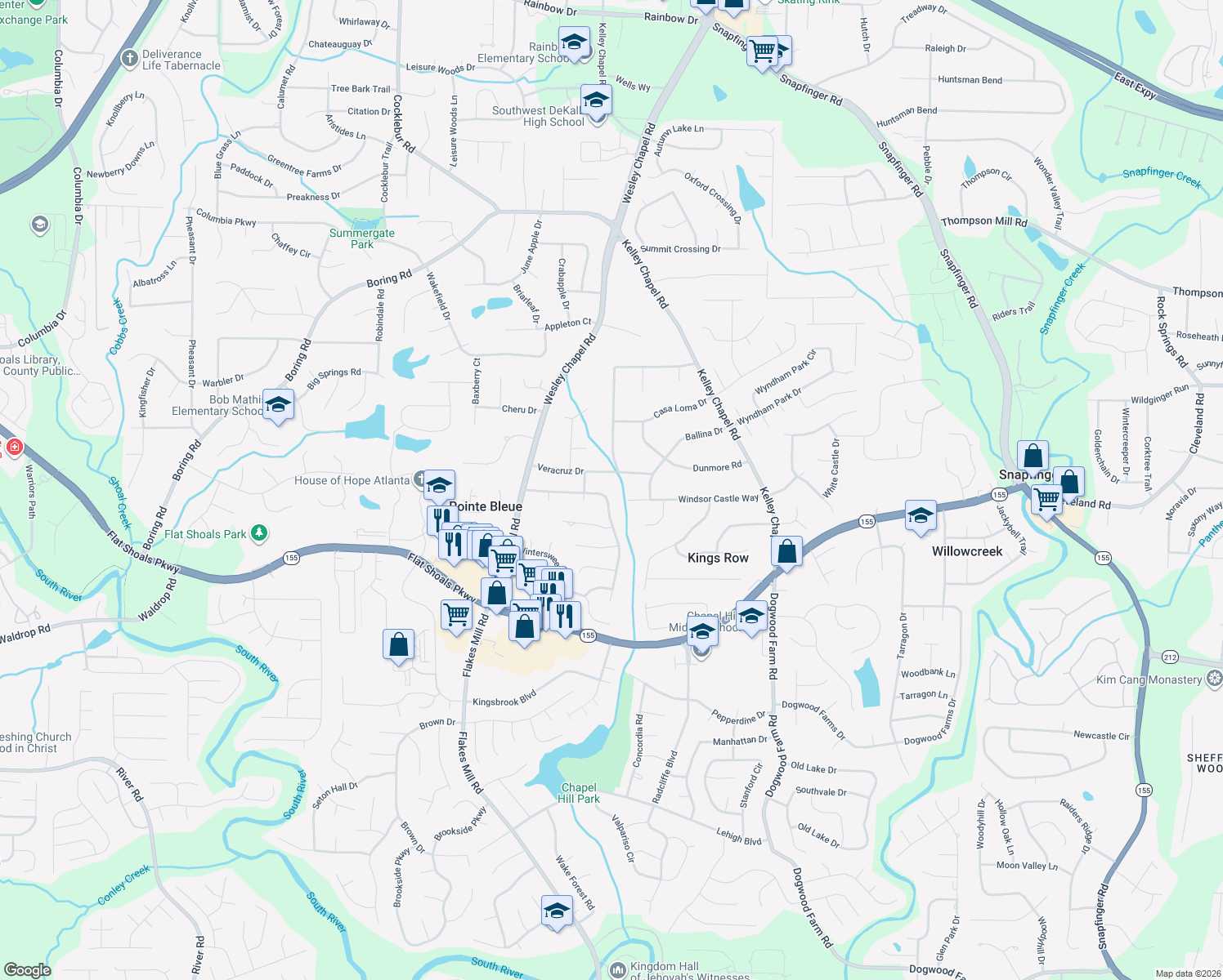map of restaurants, bars, coffee shops, grocery stores, and more near 4002 Pinehurst Valley Dr in Decatur