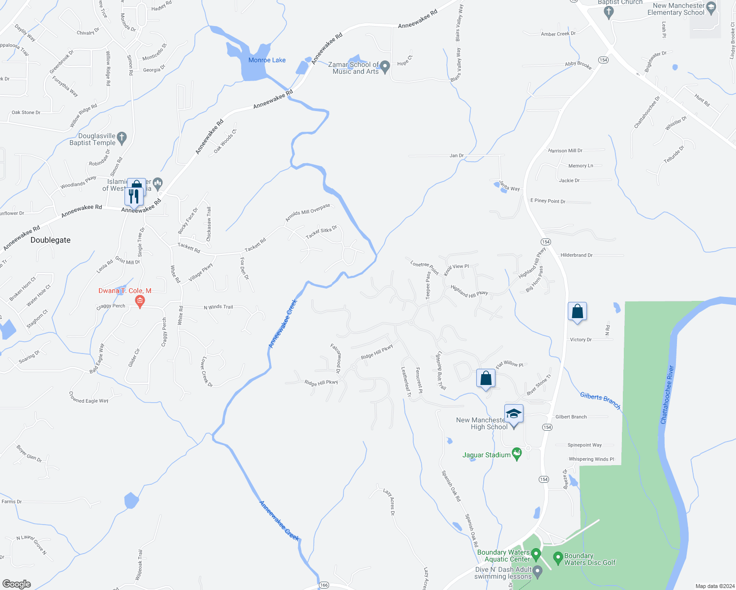 map of restaurants, bars, coffee shops, grocery stores, and more near 4260 Spur Look Crossing in Douglasville