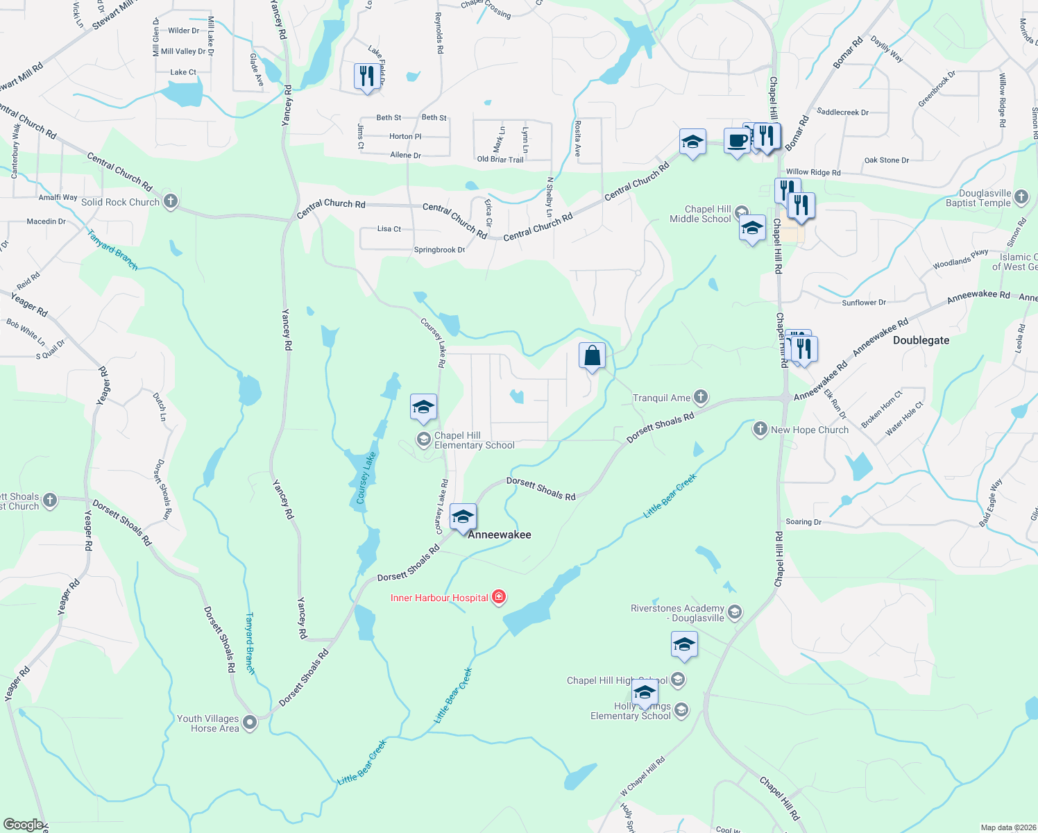 map of restaurants, bars, coffee shops, grocery stores, and more near 4772 Pepper Tree Ln in Douglasville