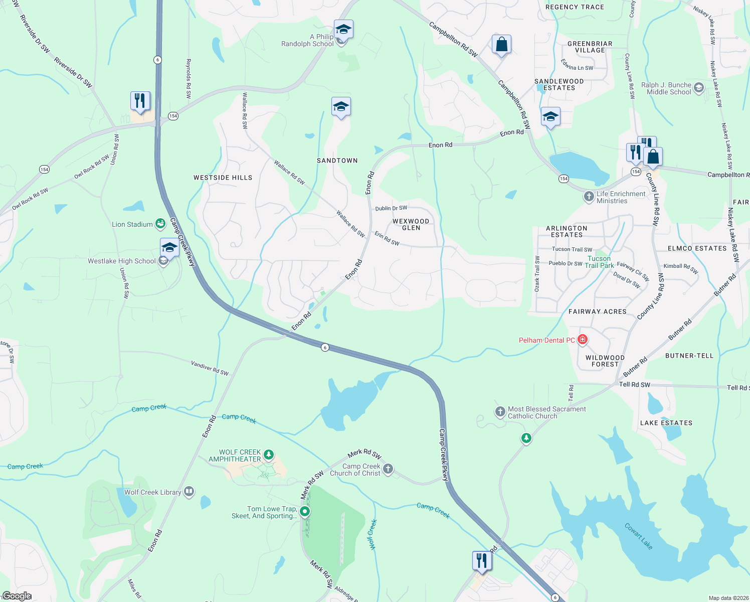 map of restaurants, bars, coffee shops, grocery stores, and more near 2594 Essex Lane Southwest in Atlanta