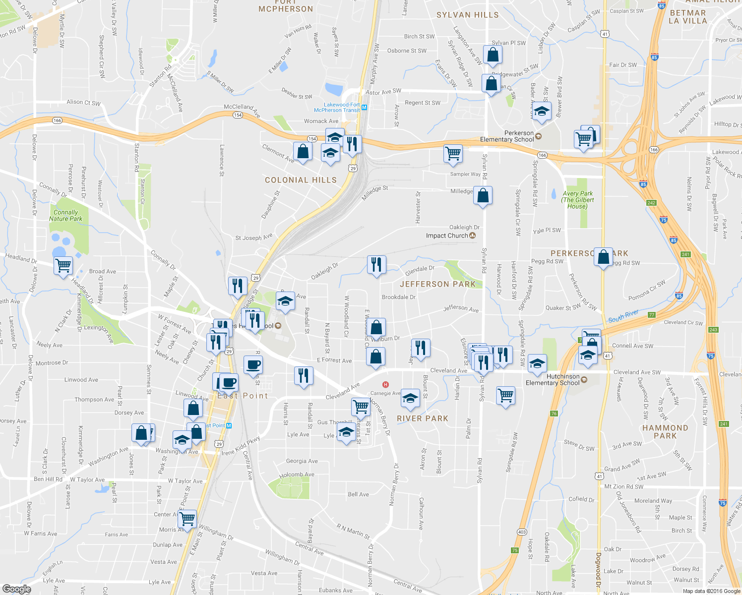 map of restaurants, bars, coffee shops, grocery stores, and more near 2467 W Woodland Cir in East Point