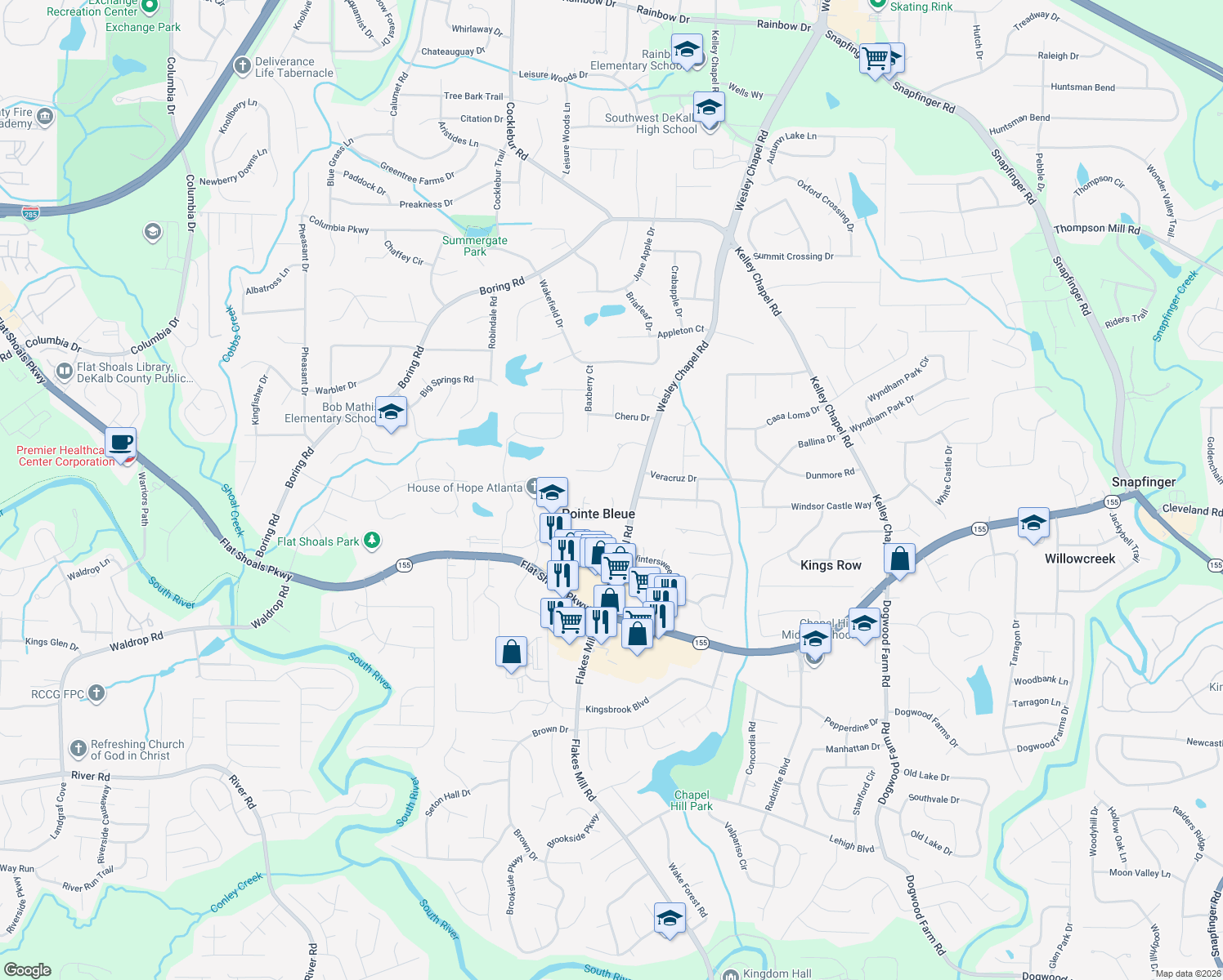 map of restaurants, bars, coffee shops, grocery stores, and more near 3300 Renoir Court in Decatur