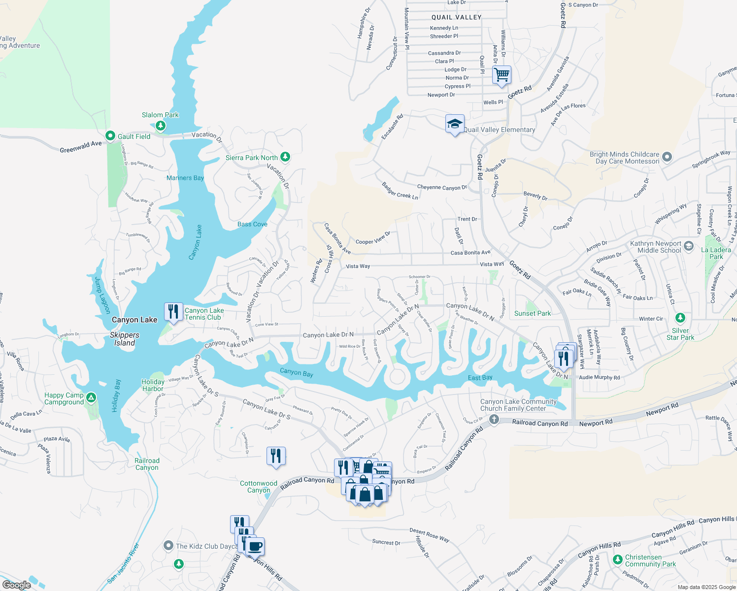 map of restaurants, bars, coffee shops, grocery stores, and more near 29886 Mayflower Drive in Canyon Lake