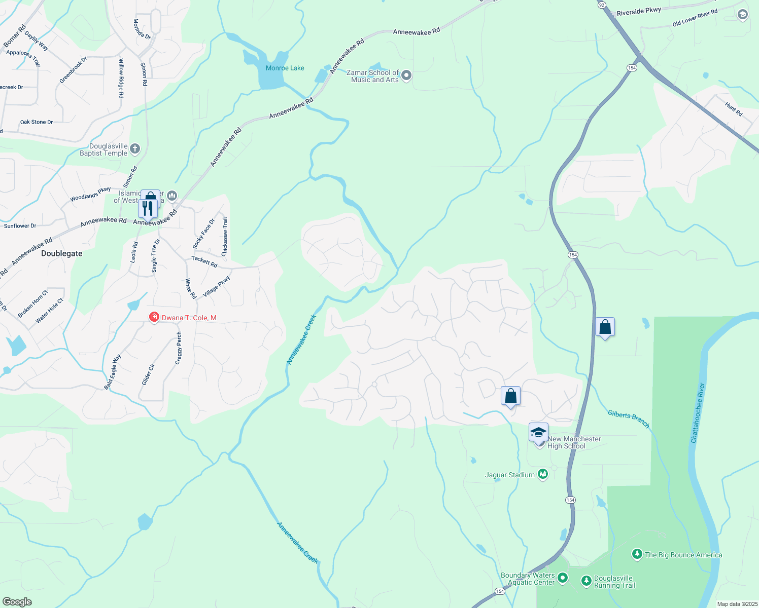 map of restaurants, bars, coffee shops, grocery stores, and more near 4220 Spur Look Crossing in Douglasville