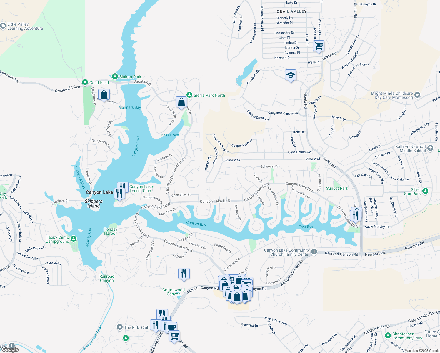 map of restaurants, bars, coffee shops, grocery stores, and more near 23149 Biggs Lane in Canyon Lake