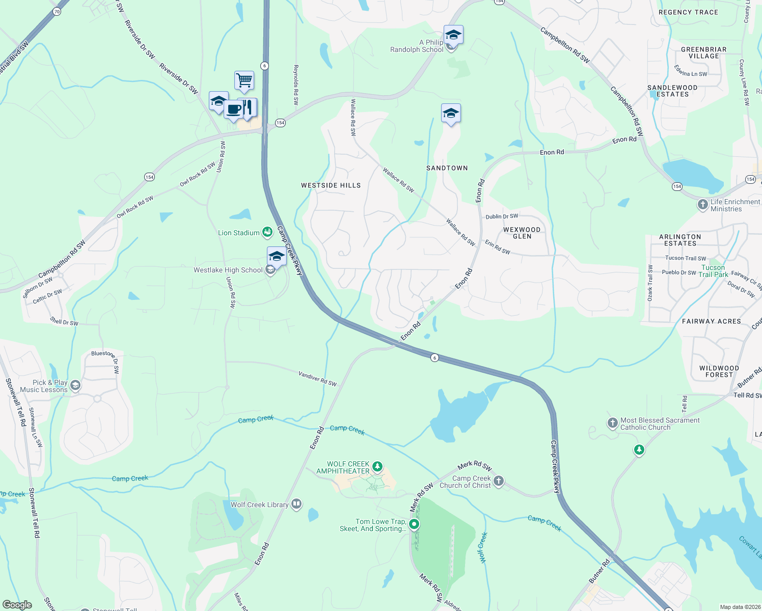 map of restaurants, bars, coffee shops, grocery stores, and more near 5676 Boreal Way Southwest in Atlanta