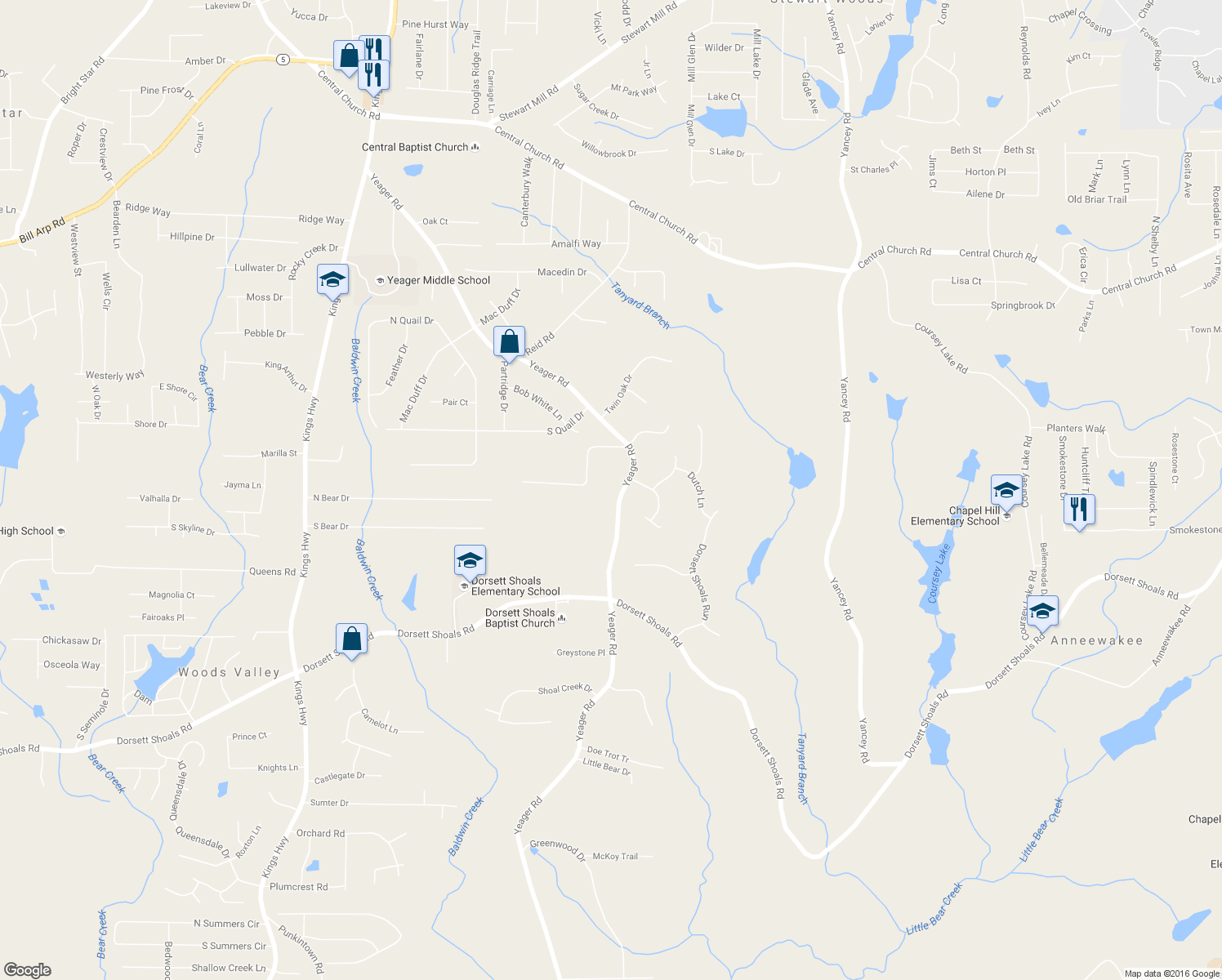 map of restaurants, bars, coffee shops, grocery stores, and more near 4311 Yeager Road in Douglasville