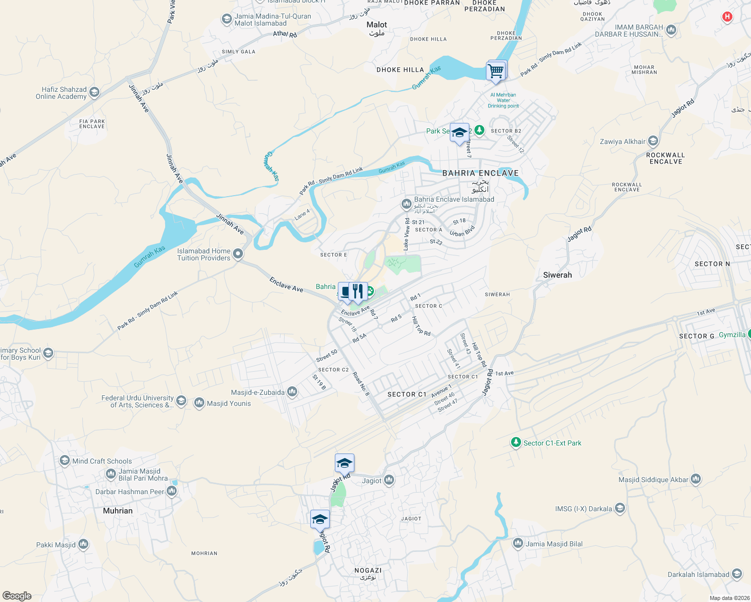 map of restaurants, bars, coffee shops, grocery stores, and more near Enclave Avenue in Islamabad