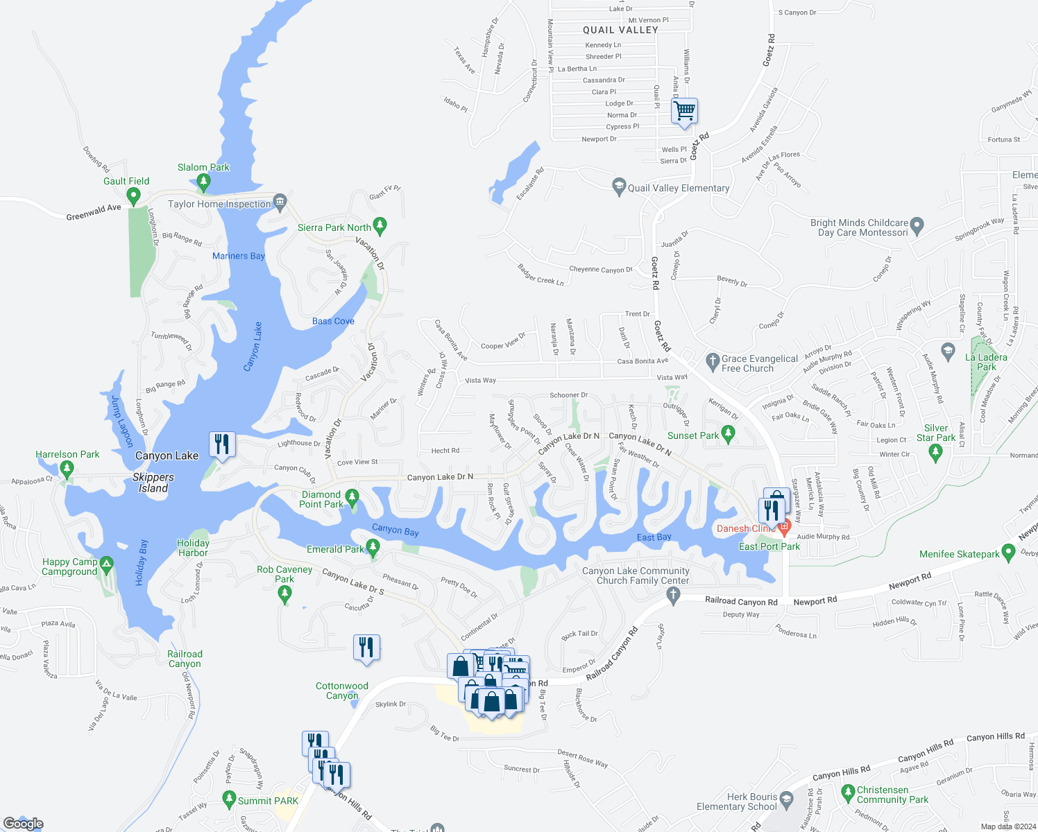 map of restaurants, bars, coffee shops, grocery stores, and more near 29810 Smugglers Point Drive in Canyon Lake