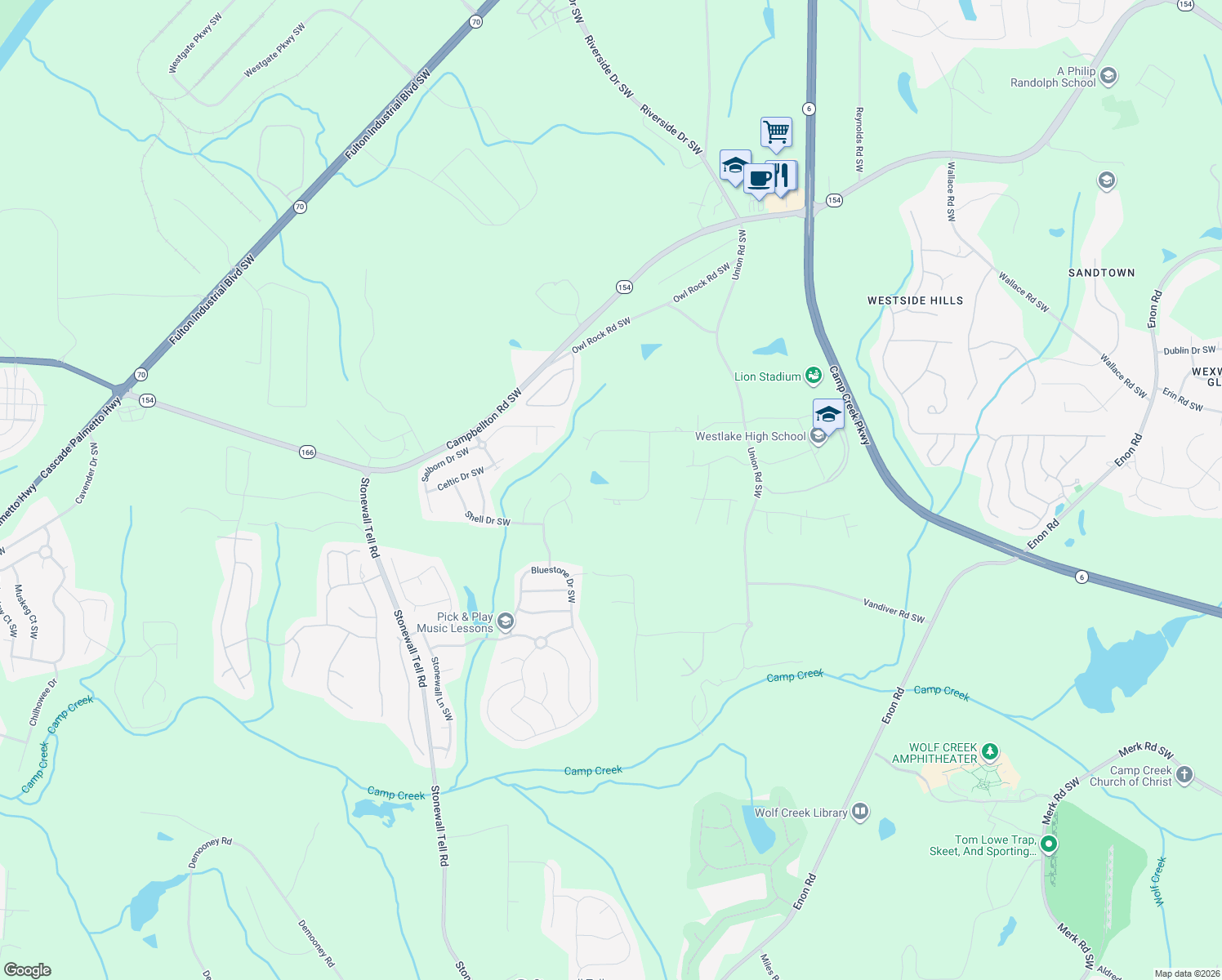 map of restaurants, bars, coffee shops, grocery stores, and more near 875 Windcrest Place Southwest in Atlanta