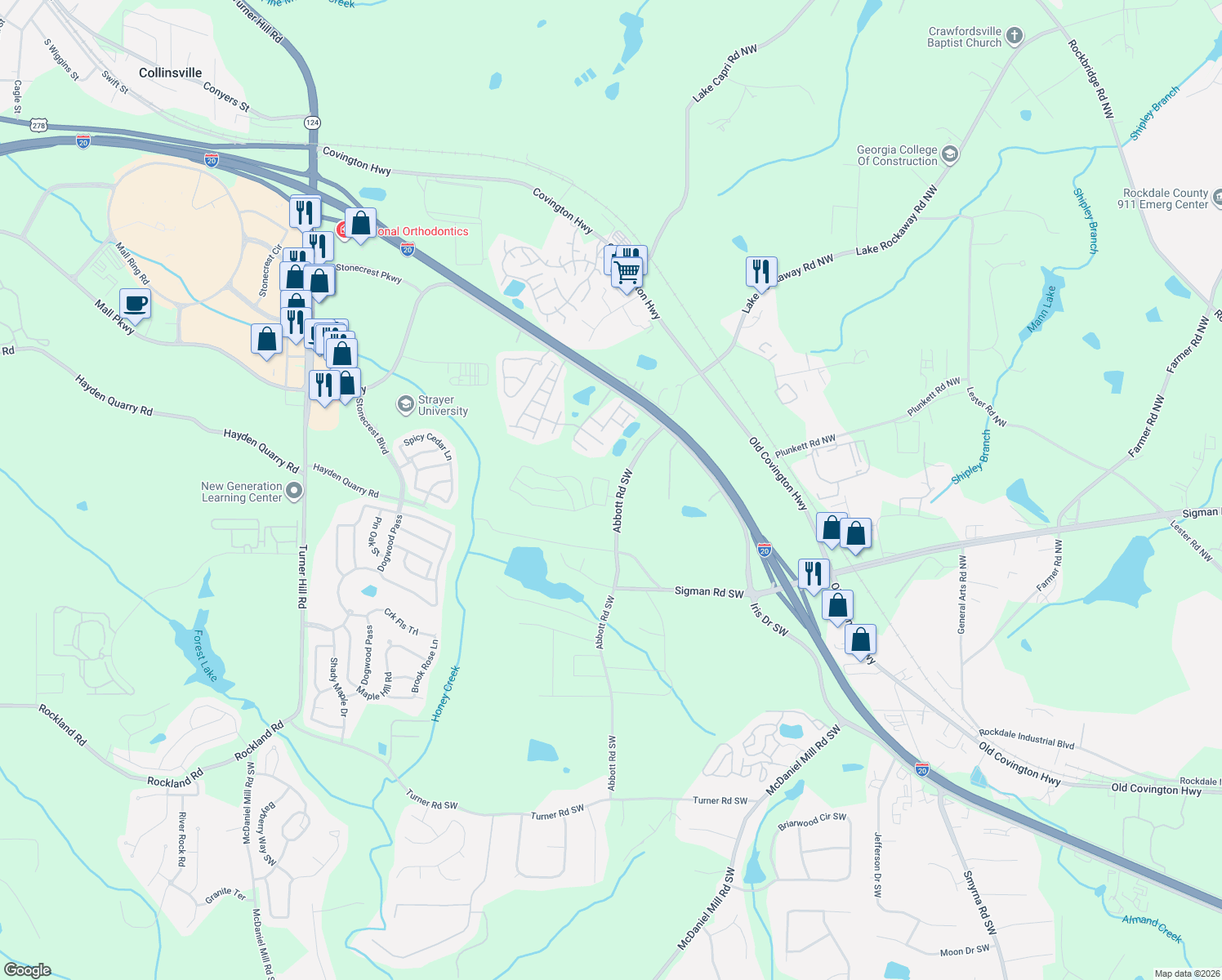 map of restaurants, bars, coffee shops, grocery stores, and more near 169 Abbott Road Southwest in Conyers