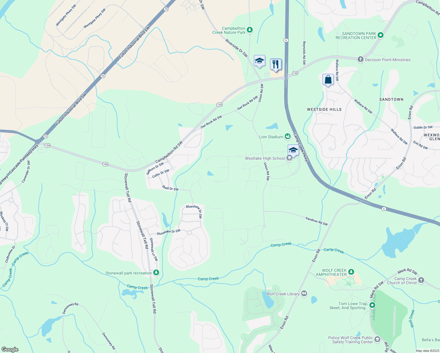 map of restaurants, bars, coffee shops, grocery stores, and more near 865 Windcrest Place Southwest in Atlanta