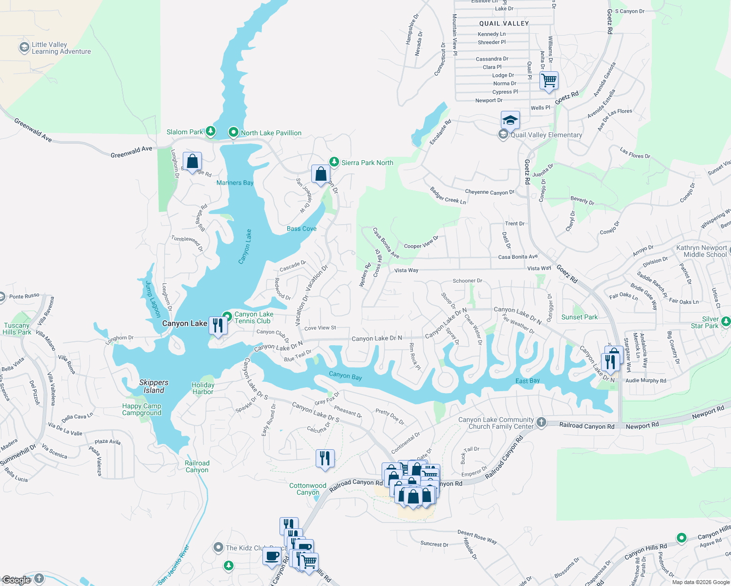 map of restaurants, bars, coffee shops, grocery stores, and more near 23471 Vista Way in Canyon Lake