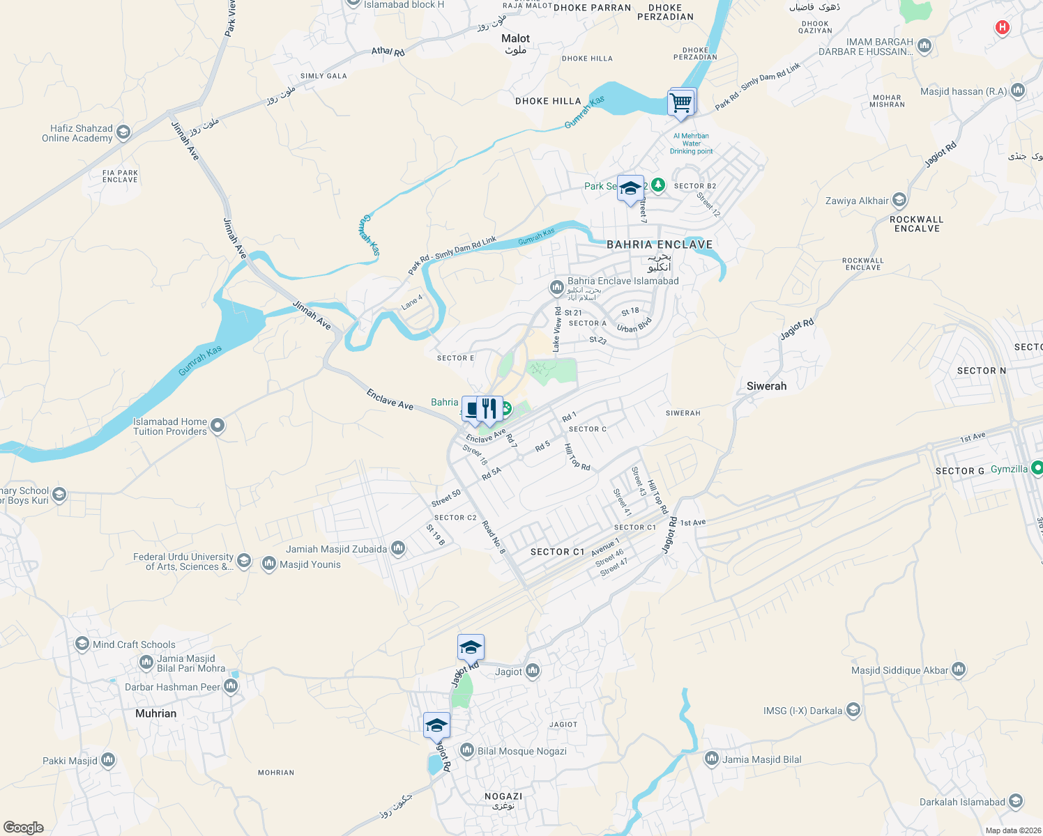 map of restaurants, bars, coffee shops, grocery stores, and more near Enclave Ave in Islamabad