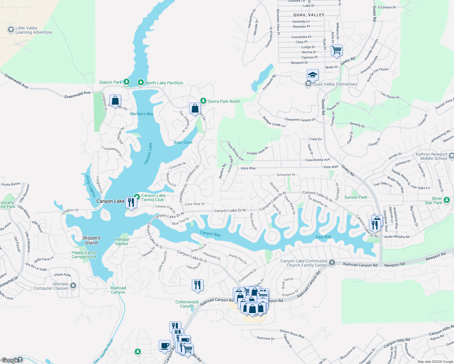map of restaurants, bars, coffee shops, grocery stores, and more near 23471 Vista Way in Canyon Lake
