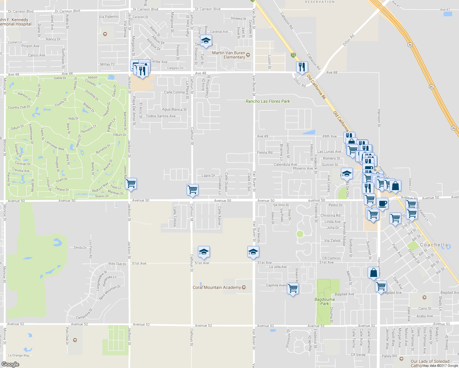 map of restaurants, bars, coffee shops, grocery stores, and more near 83777 Corte Estivo in Coachella