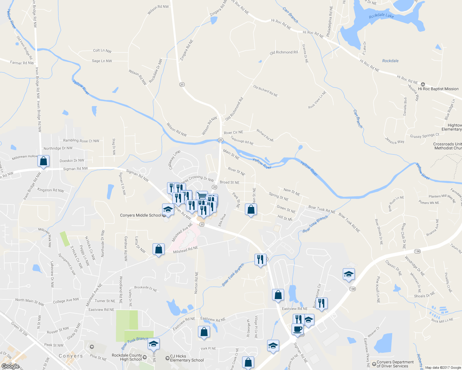 map of restaurants, bars, coffee shops, grocery stores, and more near 1543 Broad Street Northeast in Conyers