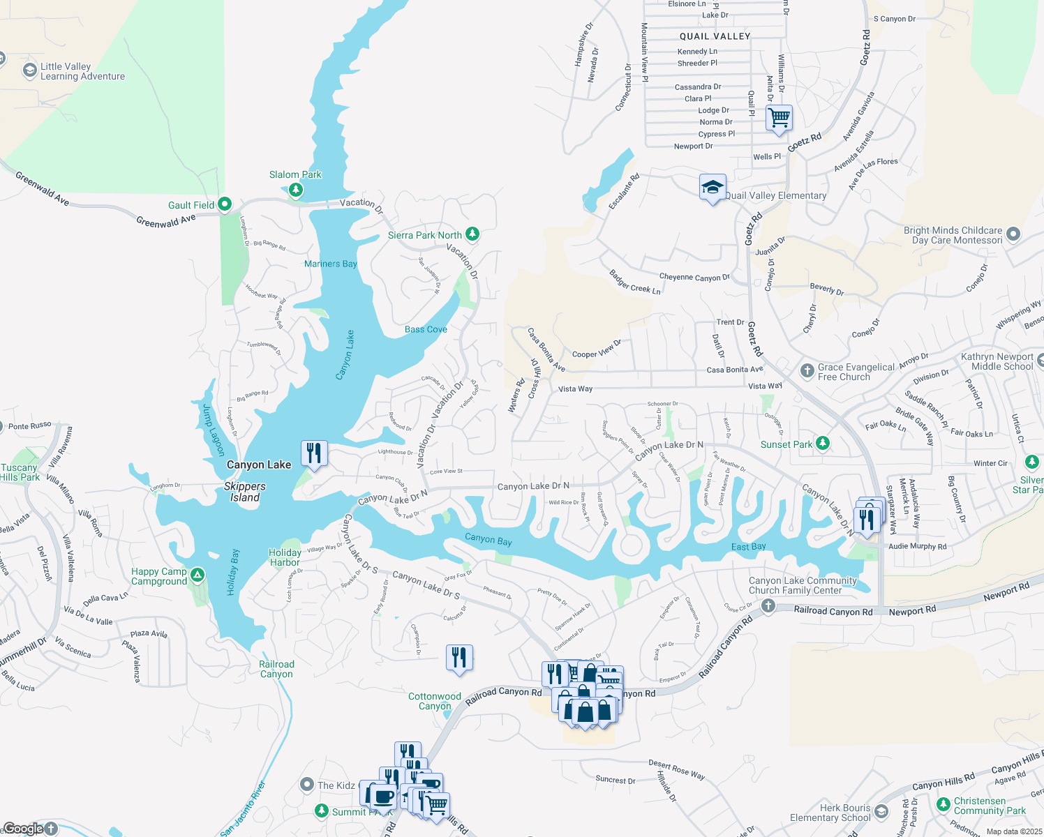 map of restaurants, bars, coffee shops, grocery stores, and more near Cross Hill Drive in Menifee