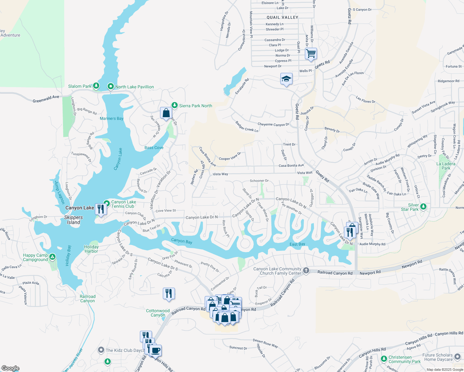 map of restaurants, bars, coffee shops, grocery stores, and more near 29781 Smugglers Point Drive in Canyon Lake