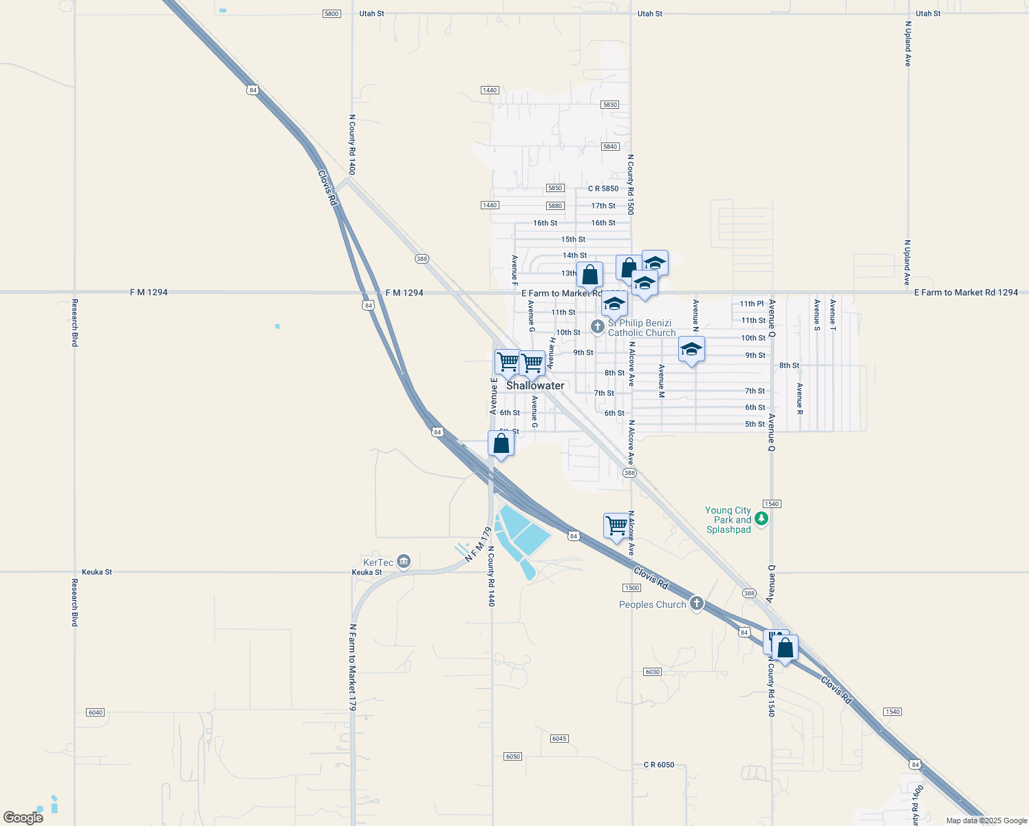 map of restaurants, bars, coffee shops, grocery stores, and more near 599 Avenue F in Shallowater