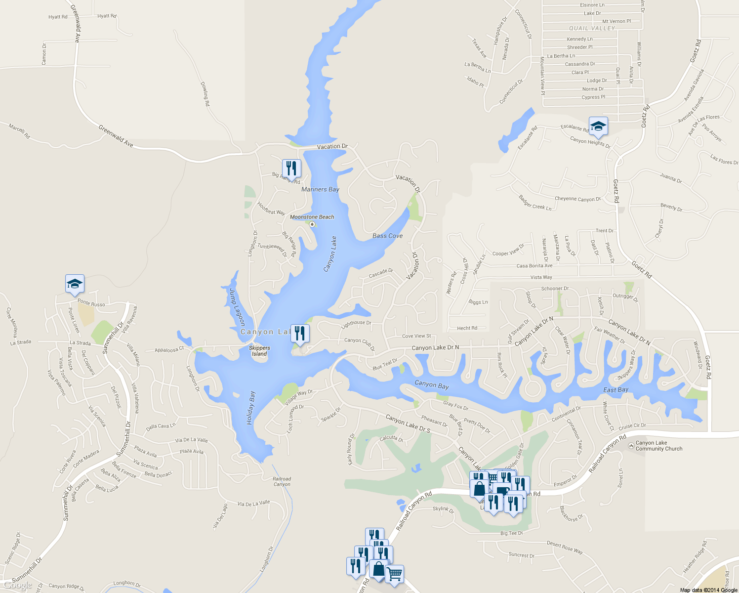map of restaurants, bars, coffee shops, grocery stores, and more near 22568 Castle Crag Drive in Canyon Lake