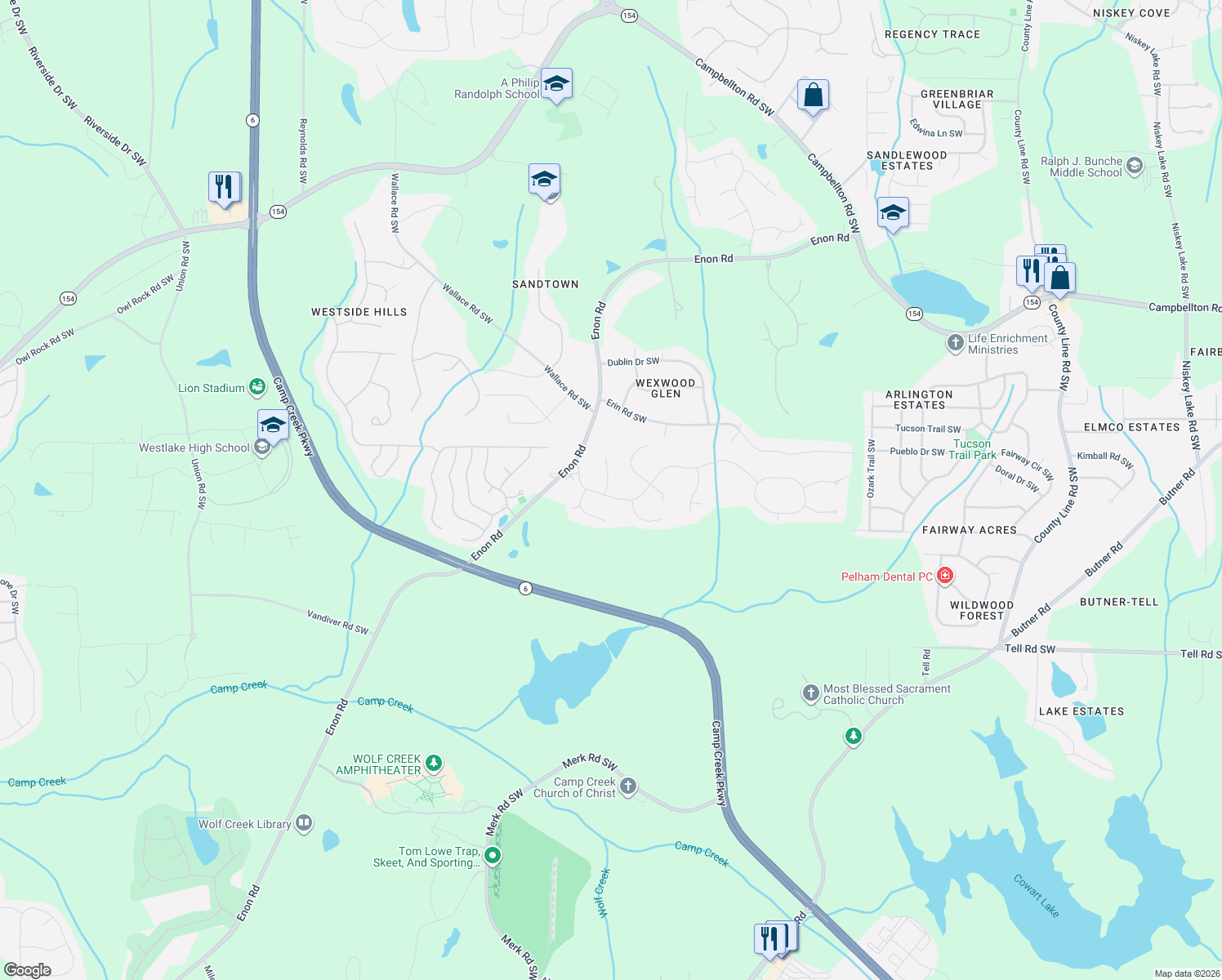 map of restaurants, bars, coffee shops, grocery stores, and more near 5258 Barrington Trace Drive Southwest in Atlanta