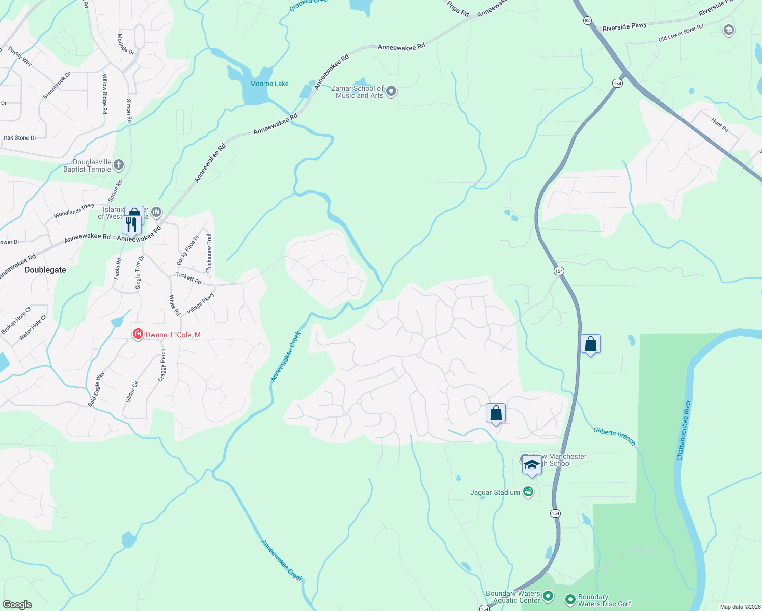map of restaurants, bars, coffee shops, grocery stores, and more near 3044 Running River Court in Douglasville