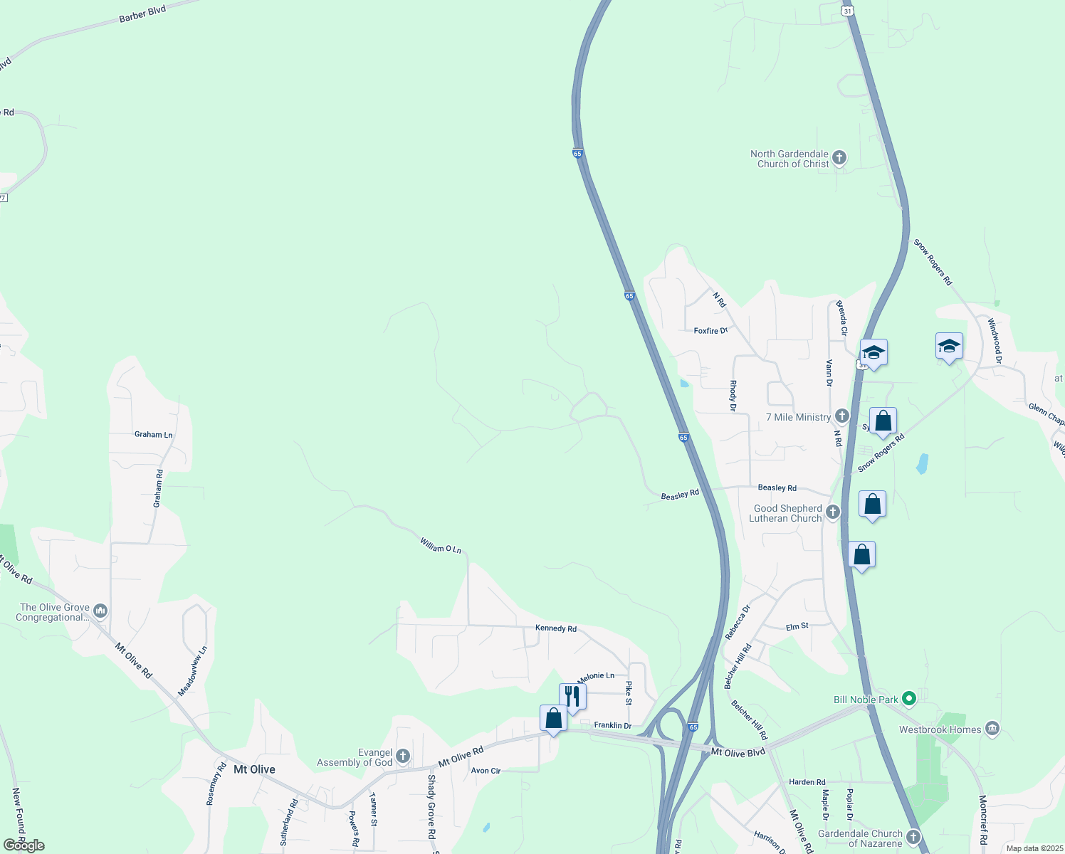 map of restaurants, bars, coffee shops, grocery stores, and more near 525 Beasley Road in Gardendale