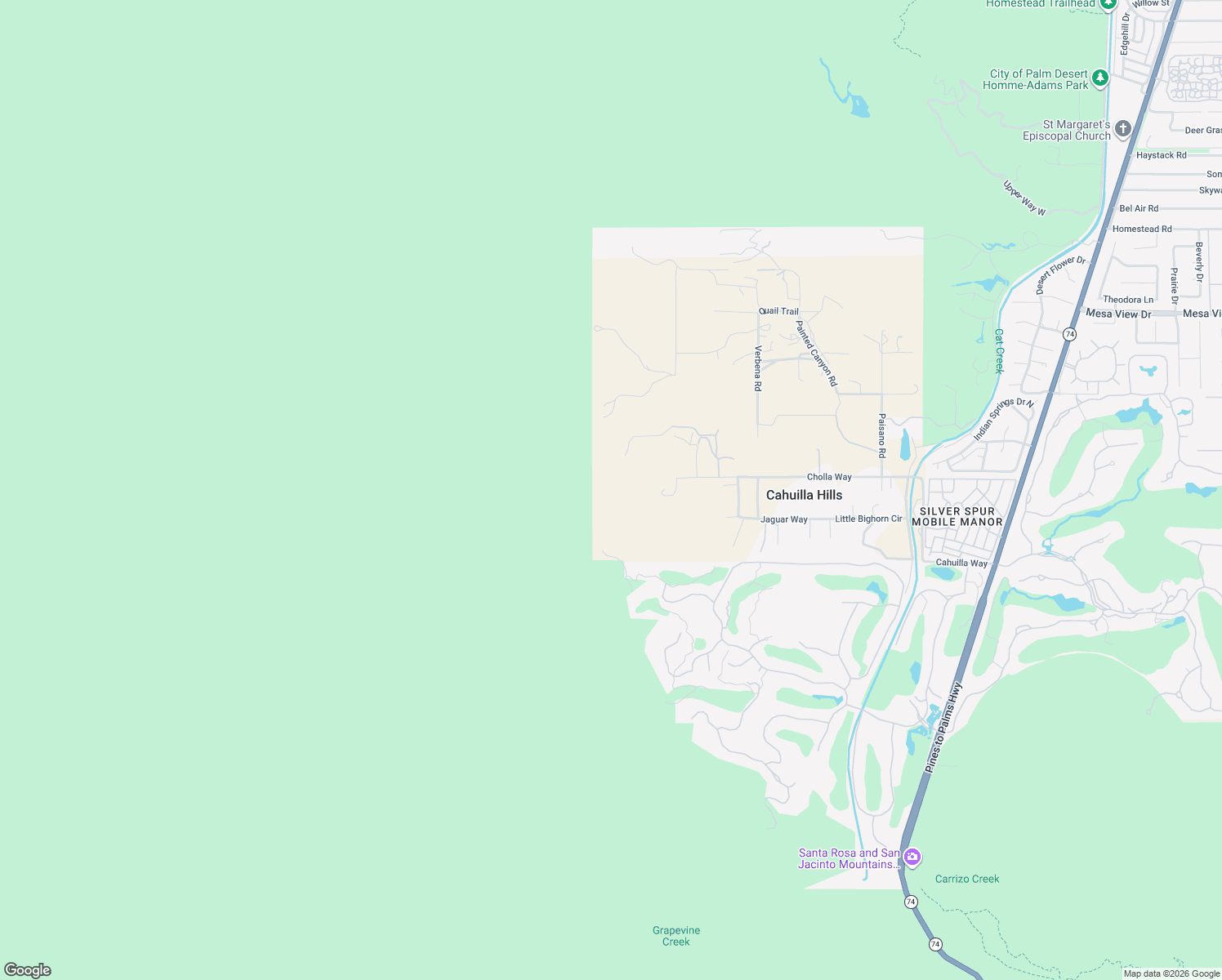 map of restaurants, bars, coffee shops, grocery stores, and more near 71105 Cholla Way in Palm Desert