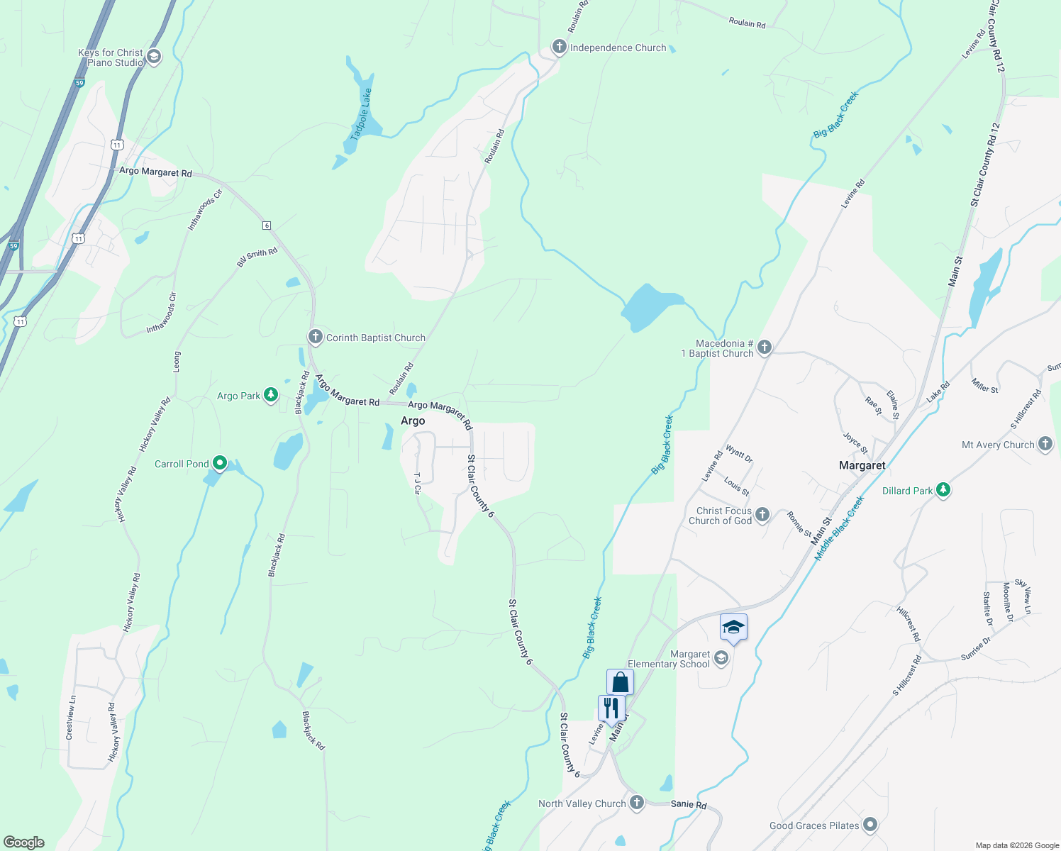 map of restaurants, bars, coffee shops, grocery stores, and more near 280 Hawks Bend Lane in Odenville