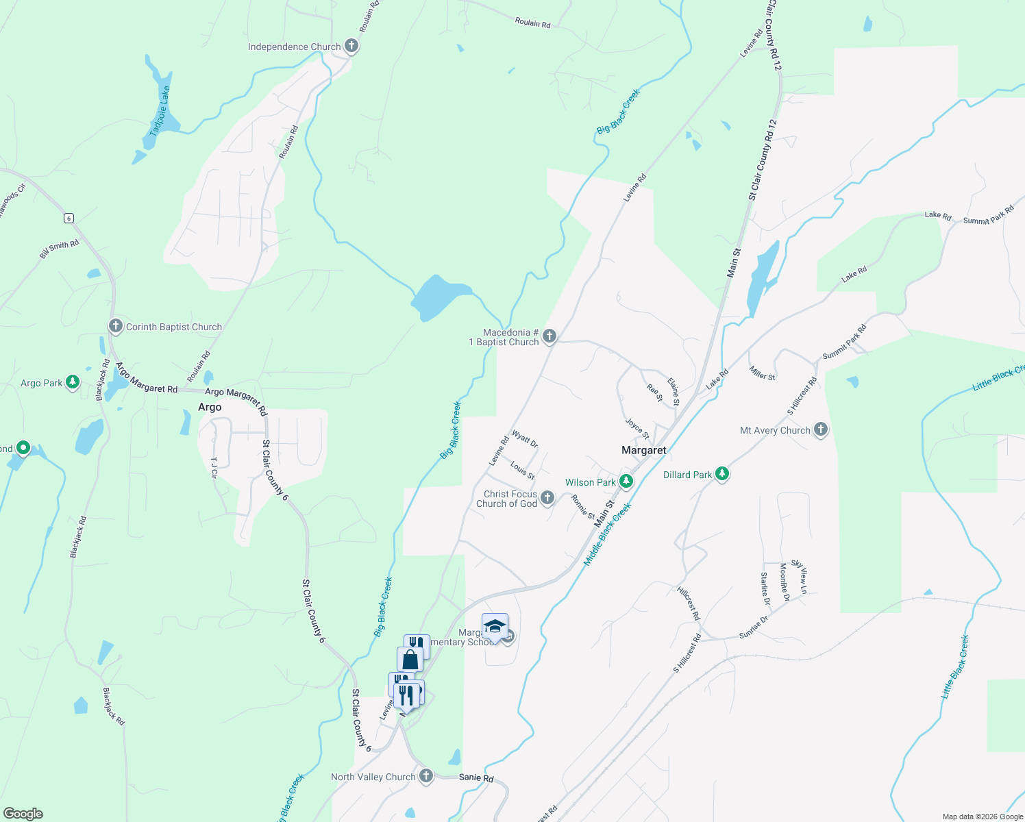 map of restaurants, bars, coffee shops, grocery stores, and more near 1445 Levine Road in Odenville