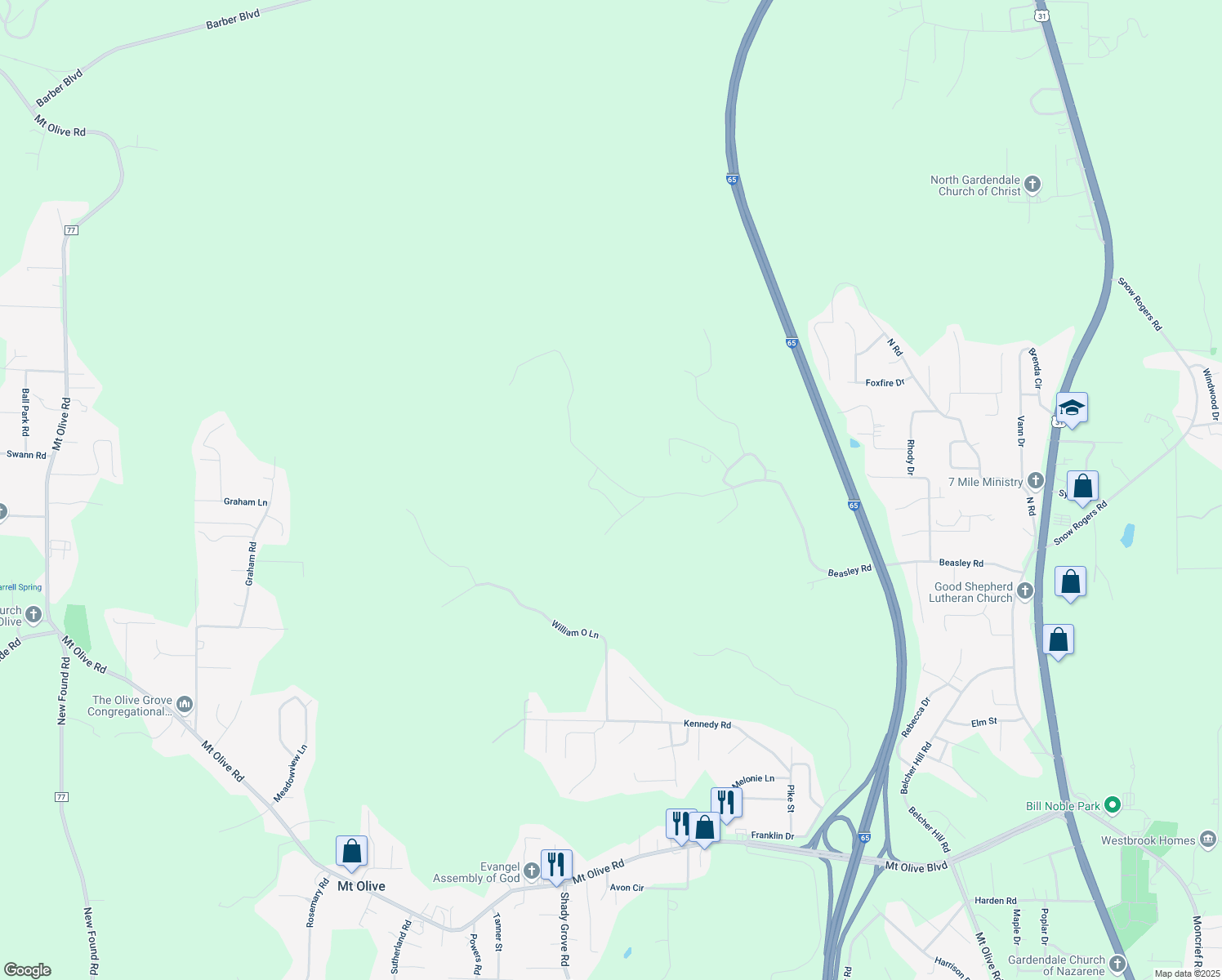 map of restaurants, bars, coffee shops, grocery stores, and more near 525 Beasley Road in Gardendale