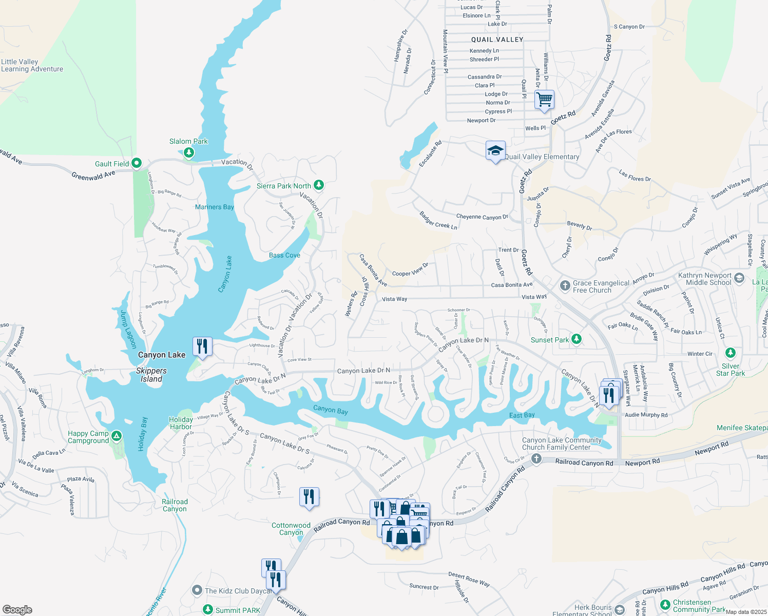 map of restaurants, bars, coffee shops, grocery stores, and more near 23180 Sprungle Circle in Menifee